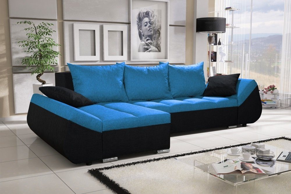 Fun Möbel Ecksofa Schlafsofa Sofa KLEO in Stoff mit mane, inkl. Rückenkissen und Zierkissen, Mit Bettkasten Schwarz-Blau