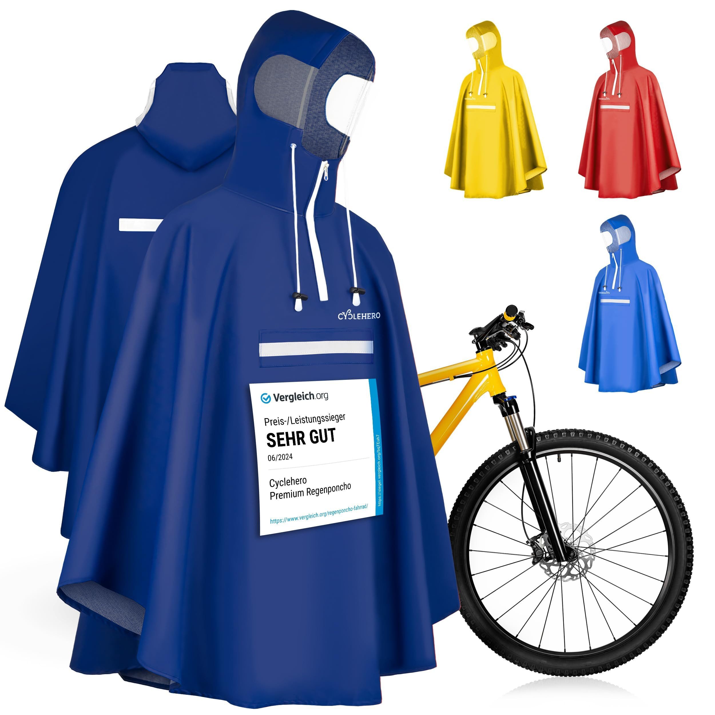 CYCLEHERO Regenponcho Fahrrad wasserdicht - Regencape Fahrrad mit Reflektoren & Sichtfenster (Fahrrad Regenbekleidung als Regenponcho Damen wasserdicht, Regenponcho Herren) - Защита от дождя Fahrrad