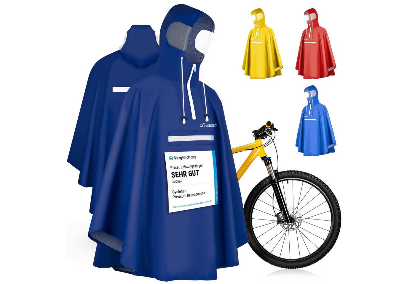 CYCLEHERO Regenponcho Fahrrad wasserdicht - Regencape Fahrrad mit Reflektoren & Sichtfenster (Fahrrad Regenbekleidung als Regenponcho Damen wasserdicht, Regenponcho Herren) - Regenschutz Fahrrad