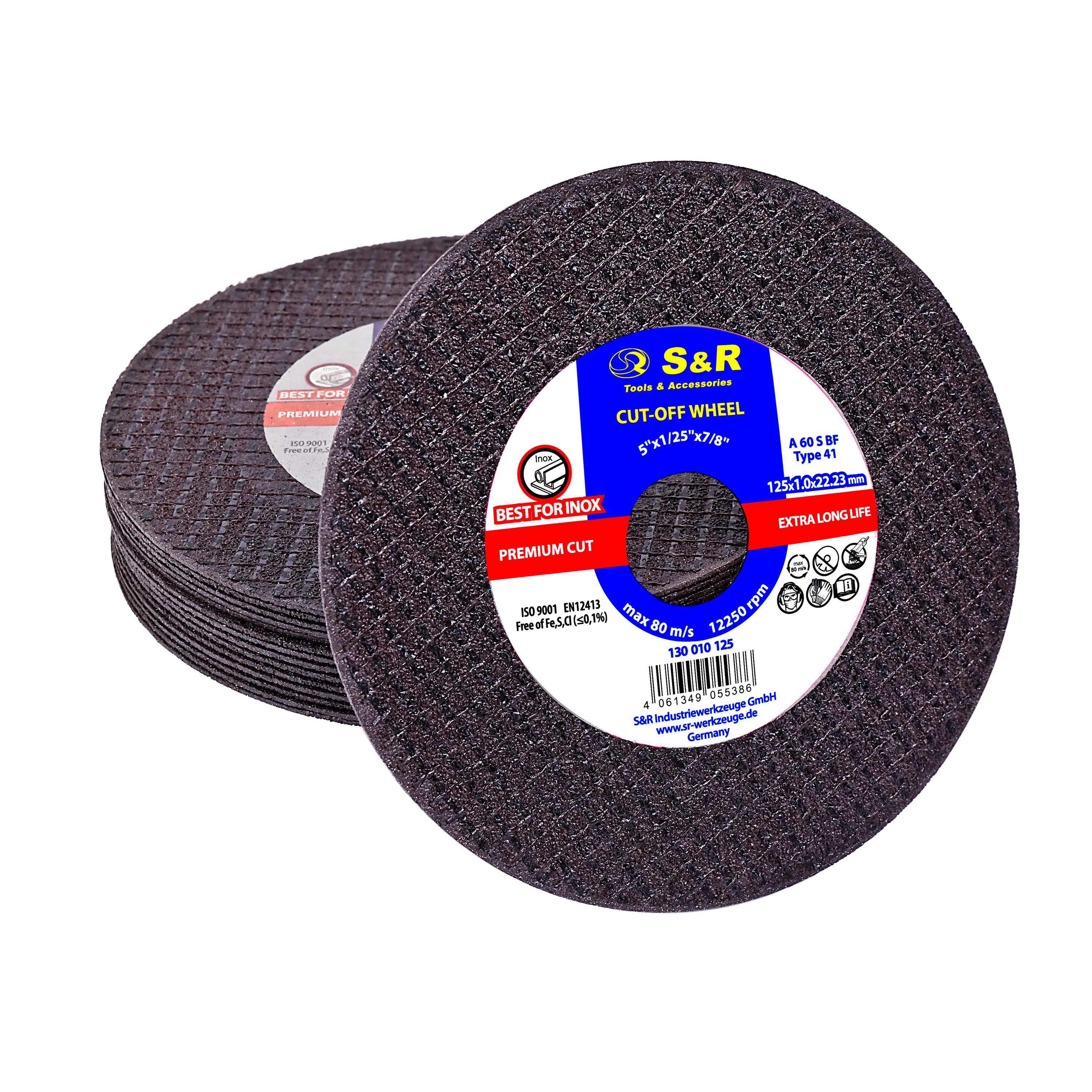S&R Trennscheibe in Industrie-Qualität für Metall, Edelstahl/INOX, 125 x 1,0 x 22,23 mm, (Set, 15 Stück), A60 S-BF, Premium Cut, extra hohe Standzeit, für Winkelschleifer