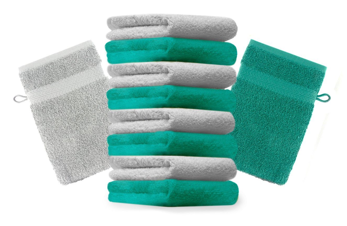 Betz Waschhandschuh 10 Stück Waschhandschuhe Premium 100% Baumwolle Waschlappen Set 16x21 cm Farbe smaragdgrün und Silbergrau (10-tlg)