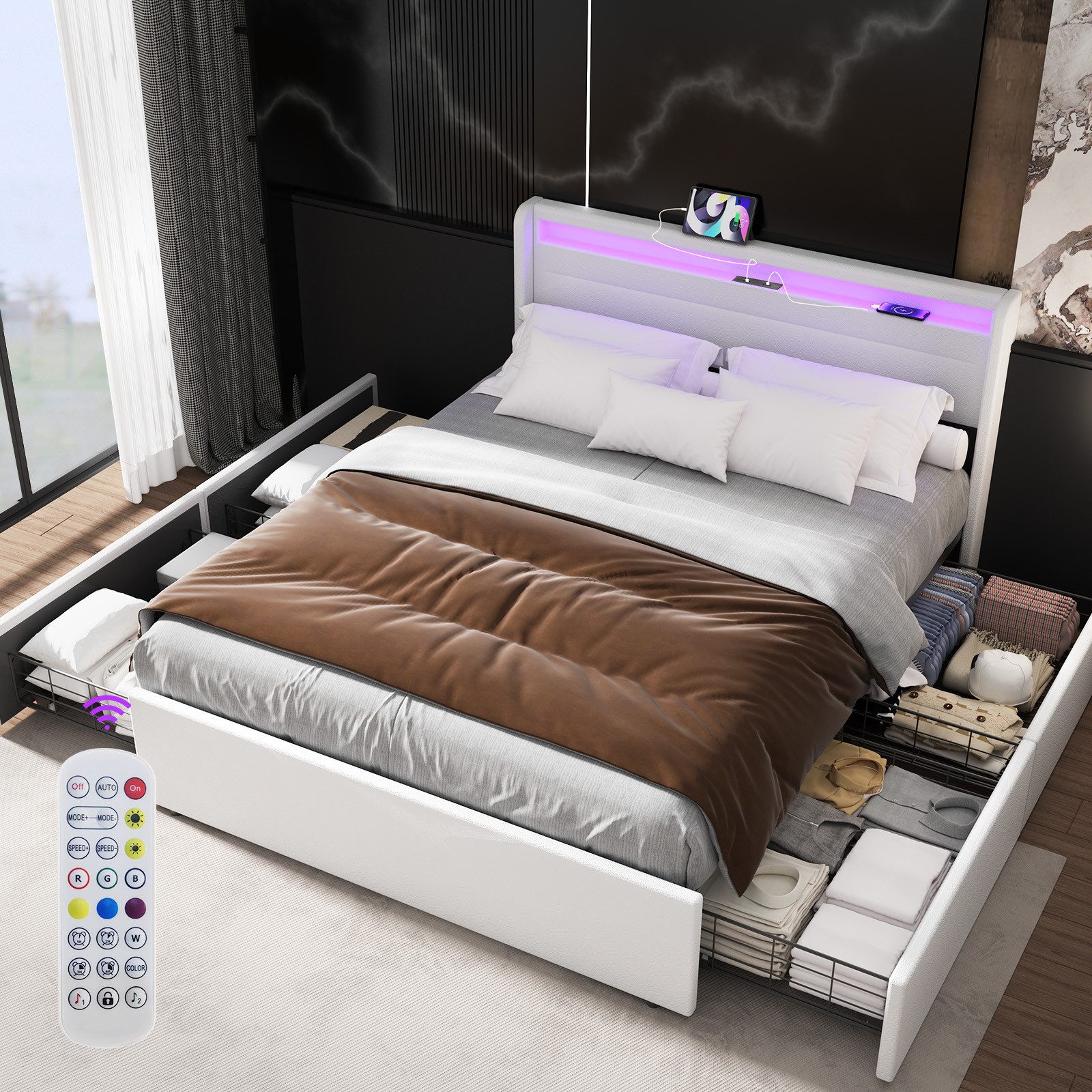 oyajia Polsterbett LED-Beleuchtung Doppelbett mit Ladefunktion und 4 Schubladen (Jugendbett Bettgestll), mit Type-C + USB, Ohne Matratze