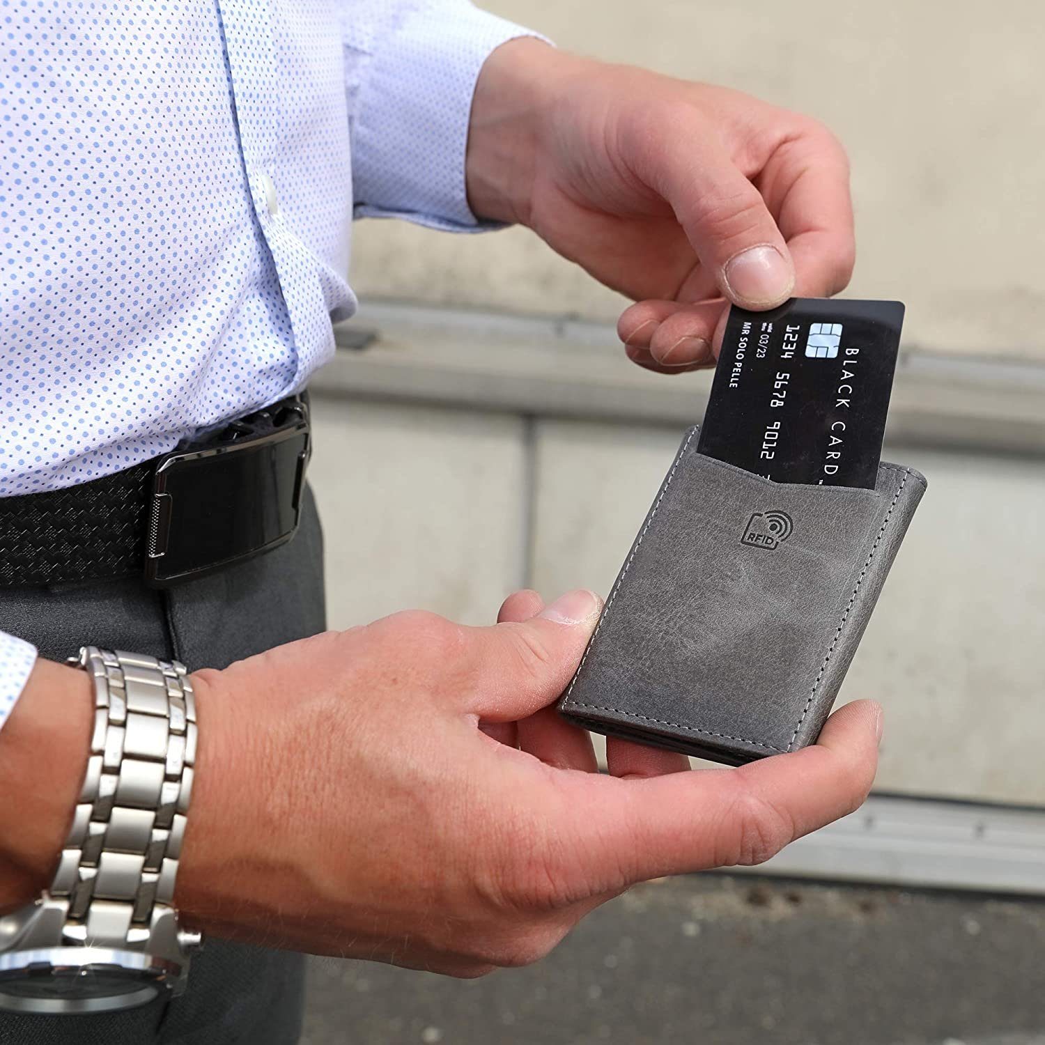 Geldbörse RFID Karten, mit mit RFID Schutz, Geldbeutel Münzfach I Pelle Solo Slim Geldbörse I für Echtes dünne Wallet Steingrau Münzfach 12 Schutz ohne Leder,