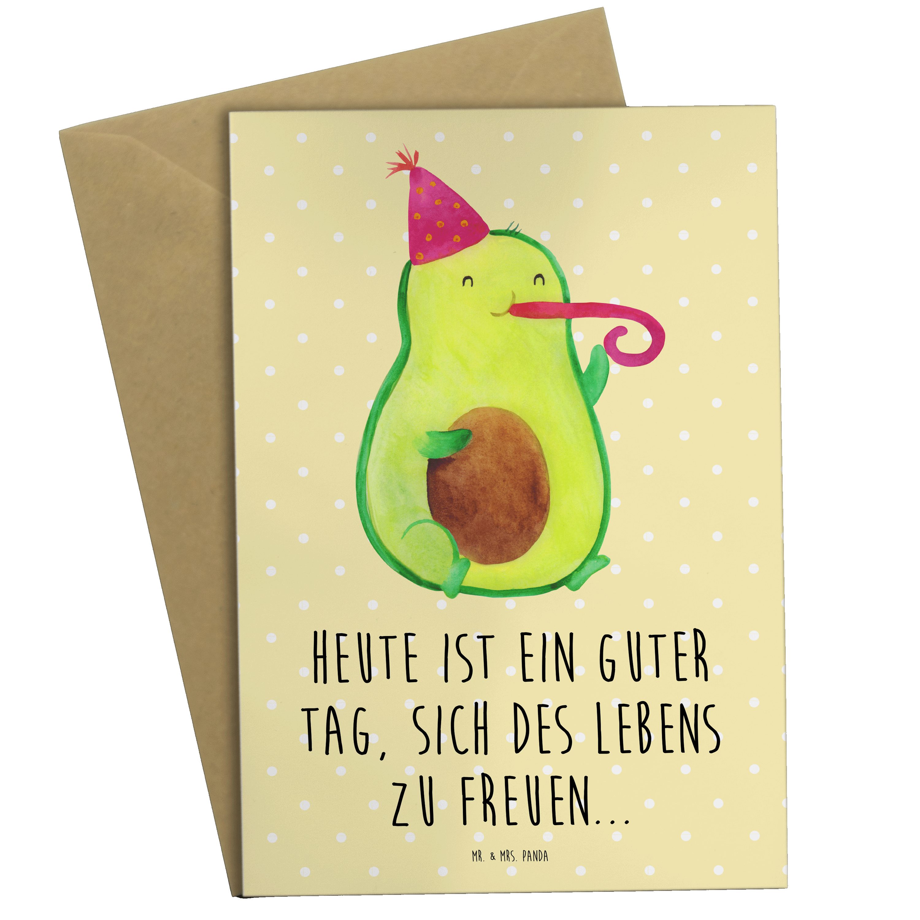 Mr. & Mrs. Panda Grußkarte Avocado Partyhupe - Gelb Pastell - Geschenk, Einladungskarte, Tröte