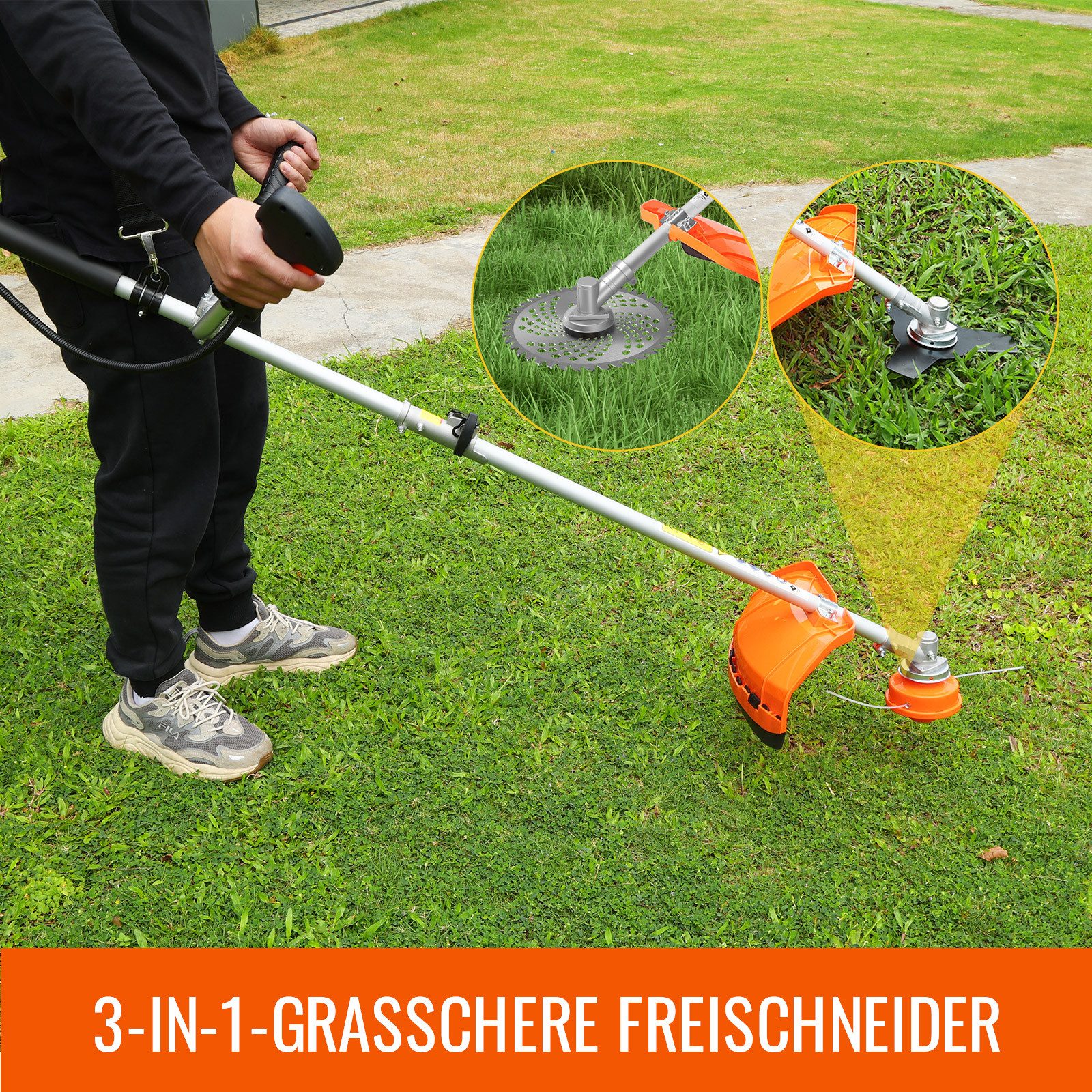 CONENTOOL Benzin-Motorsense Multifunktions Rasentrimmer mit austauschbaren Aufsätzen, 25.5 cm Arbeitsbreite Messer, 35 cm Arbeitsbreite Faden, 3-in-1 Rasentrimmer Freischneider, 3 Wechselmesser