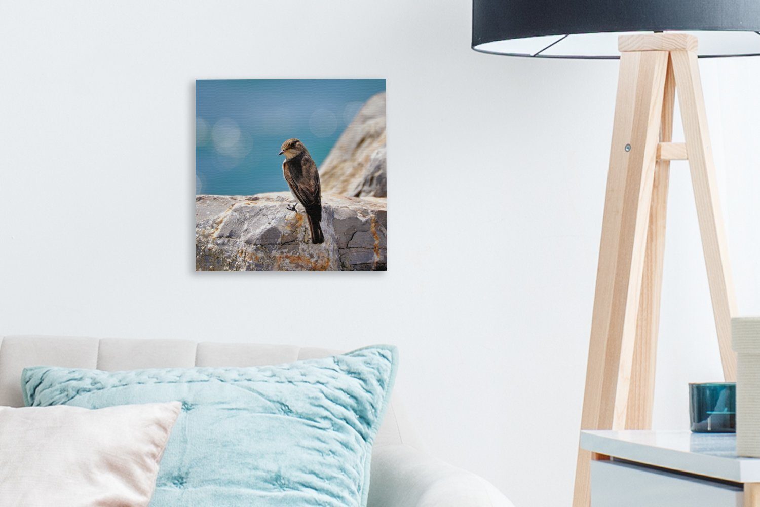 Wohnzimmer Leinwandbild Schlafzimmer (1 St), Bilder Steinsperling einem Meer, am OneMillionCanvasses® Felsen Leinwand auf für