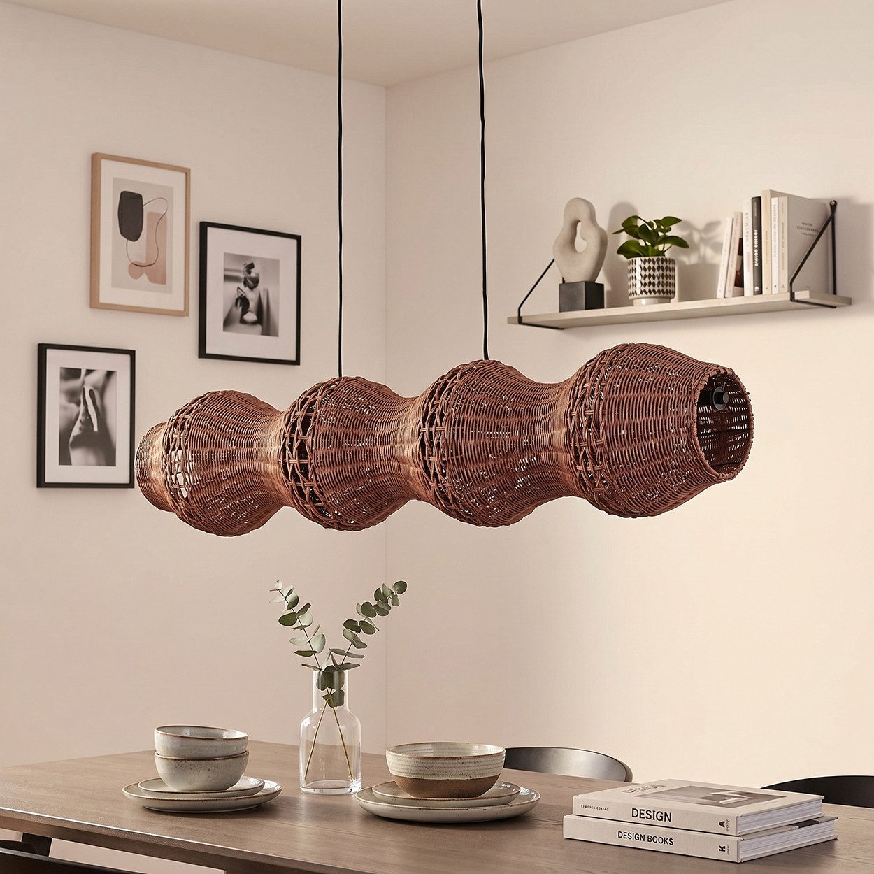 hofstein Pendelleuchte Hängelampe aus Metall/Rattan in Schwarz/Dunkelbraun/Naturfarben, ohne Leuchtmittel, Hängeleuchte im skandinavischen Design, Boho-Style, max. 170 cm, 4xE27