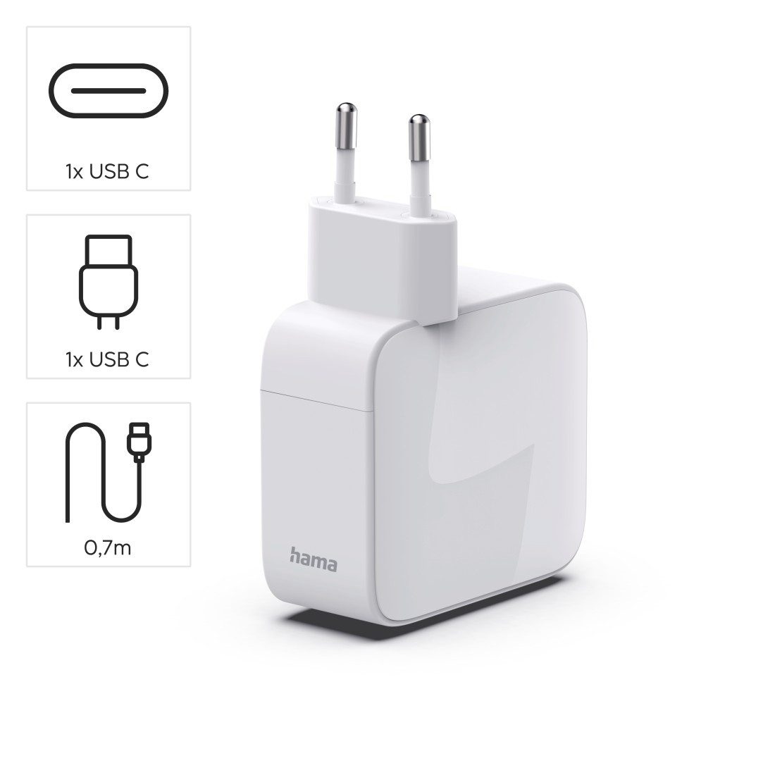 Hama Schnellladegerät mit ausziehbarem Ladekabel, 2x USB-C, 30 W, Weiß Schnelllade-Gerät (Power Delivery, Fast Charge, GaN-Technologie, USB-C-Kabel integriert)