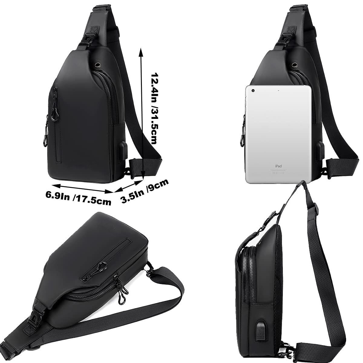 Sling Bag wasserdicht Schwarz USB-Ladeanschluss mit GelldG Umhängetasche Anti-Diebstahl Tasche