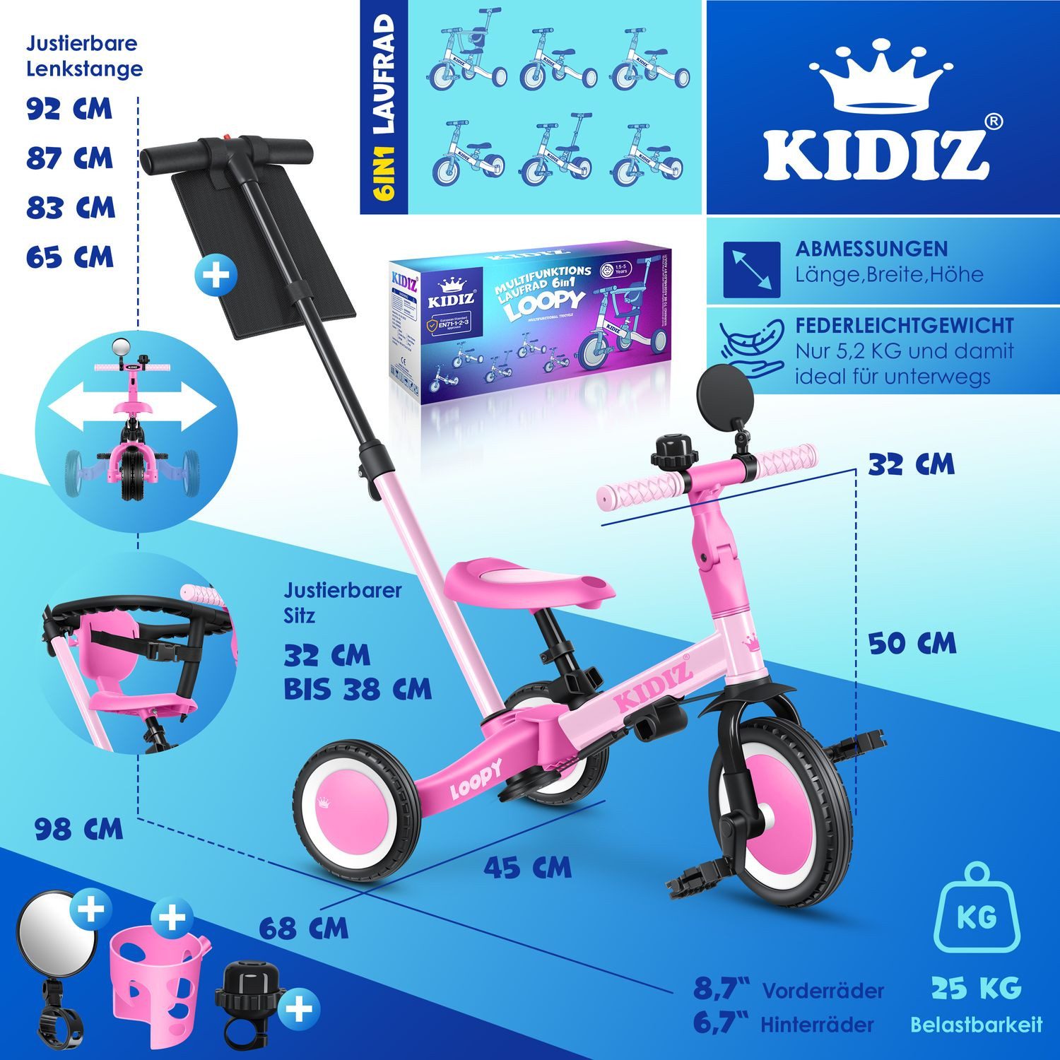 KIDIZ Laufrad, 6in1 Dreirad Loopy Laufräder Lauffahrrad Kinderdreirad