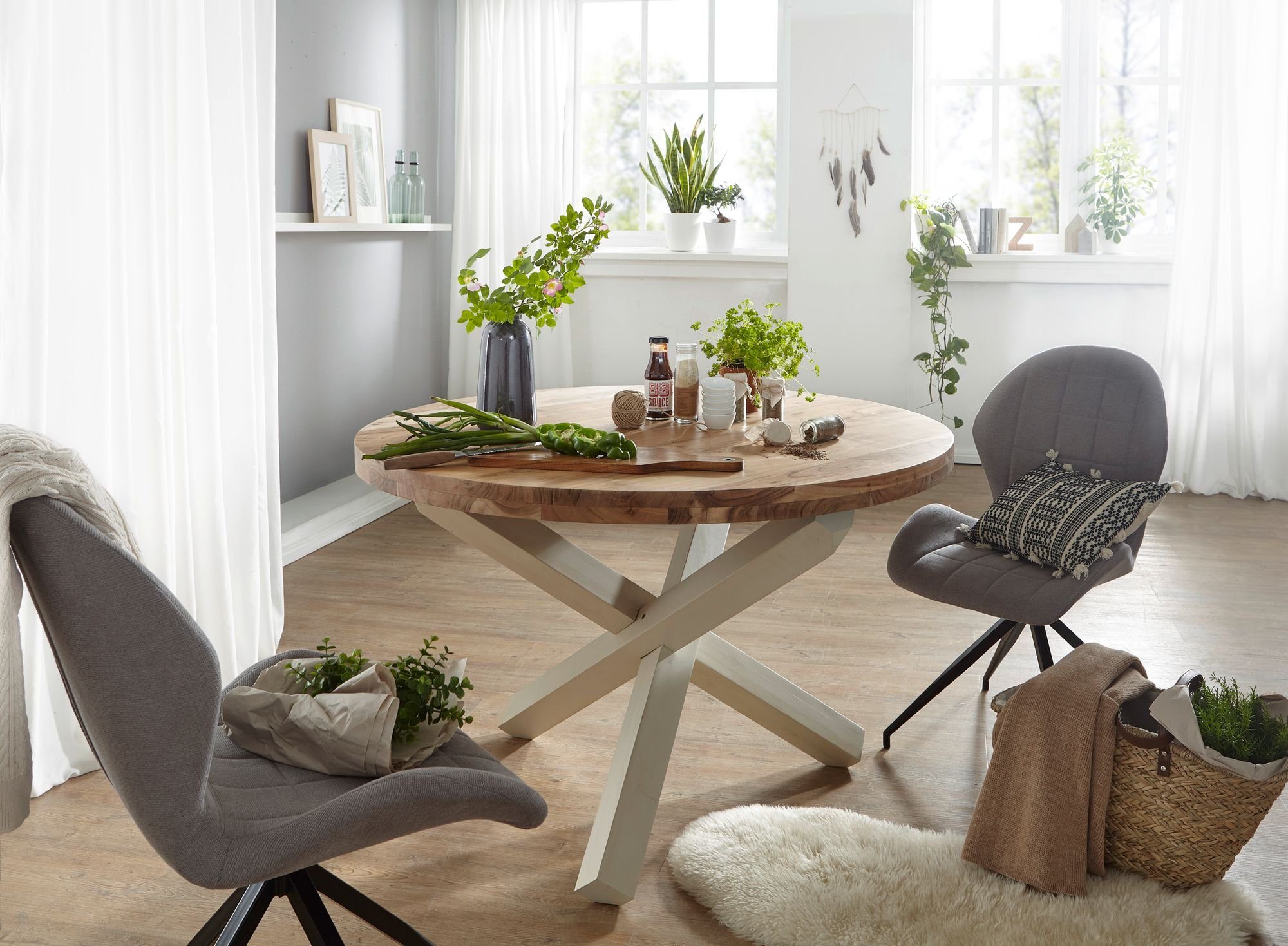 lovingHome® Esstisch Esstisch Esszimmer Tisch Küchentisch Holztisch 120 cm Akazie massiv (1 Stück), Akazie mit schöner Farbstruktur