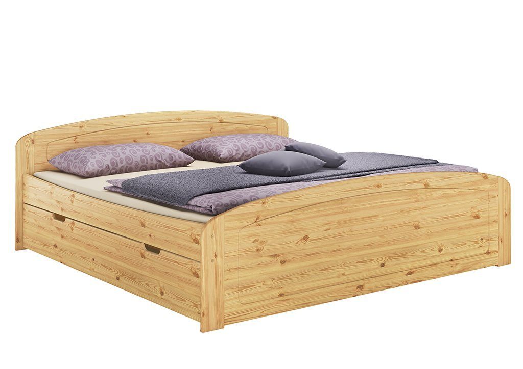 ERST-HOLZ Bett Doppelbett 180x200 Kiefer lackiert Kiefer Kieferfarblos Bettkasten mit 3 + Rollrost