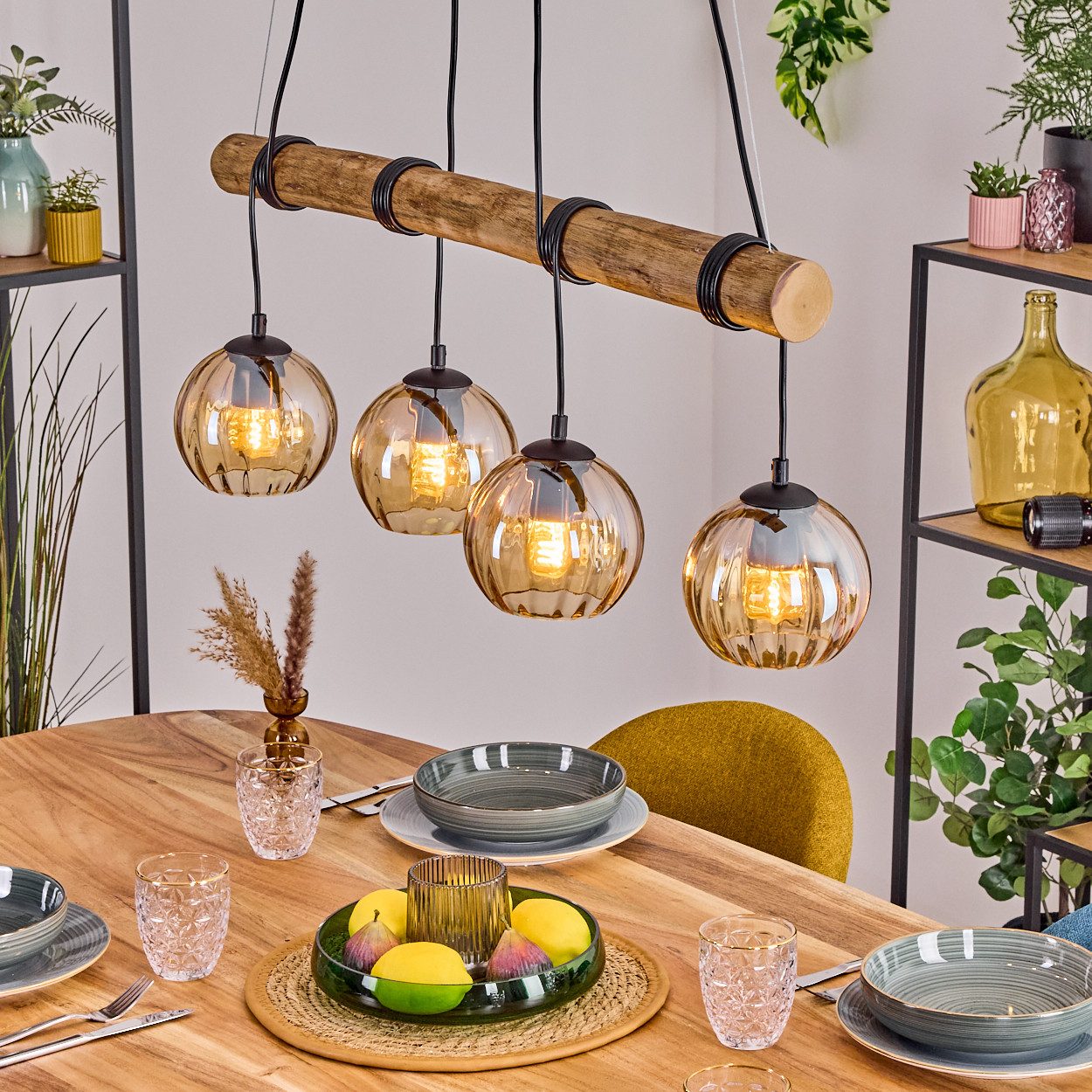 hofstein Pendelleuchte Hängelampe aus Metall/Holz/Riffelglas in Schwarz/Natur/Bernstein, Hängeleuchte im Retro/Boho-Design m. Holzbalken, (Schirme Ø 15cm), E27