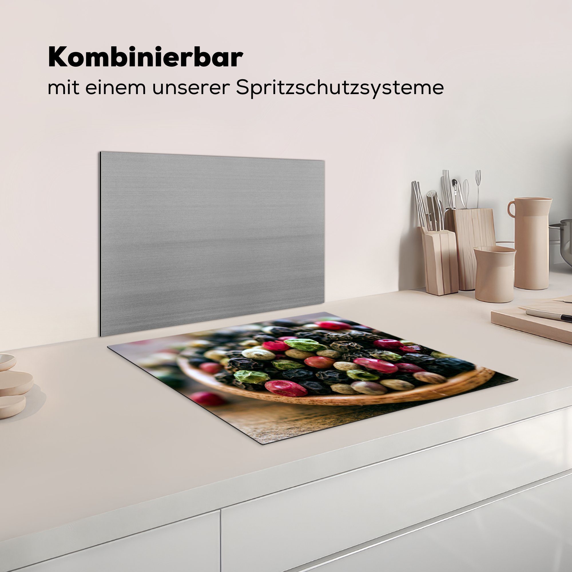 MuchoWow tlg), Farben Pfefferkörner Mobile Arbeitsfläche Herdblende-/Abdeckplatte Holzschale, schwarze Vinyl, der der in cm, 60x52 und (1 nutzbar, Ceranfeldabdeckung Rote