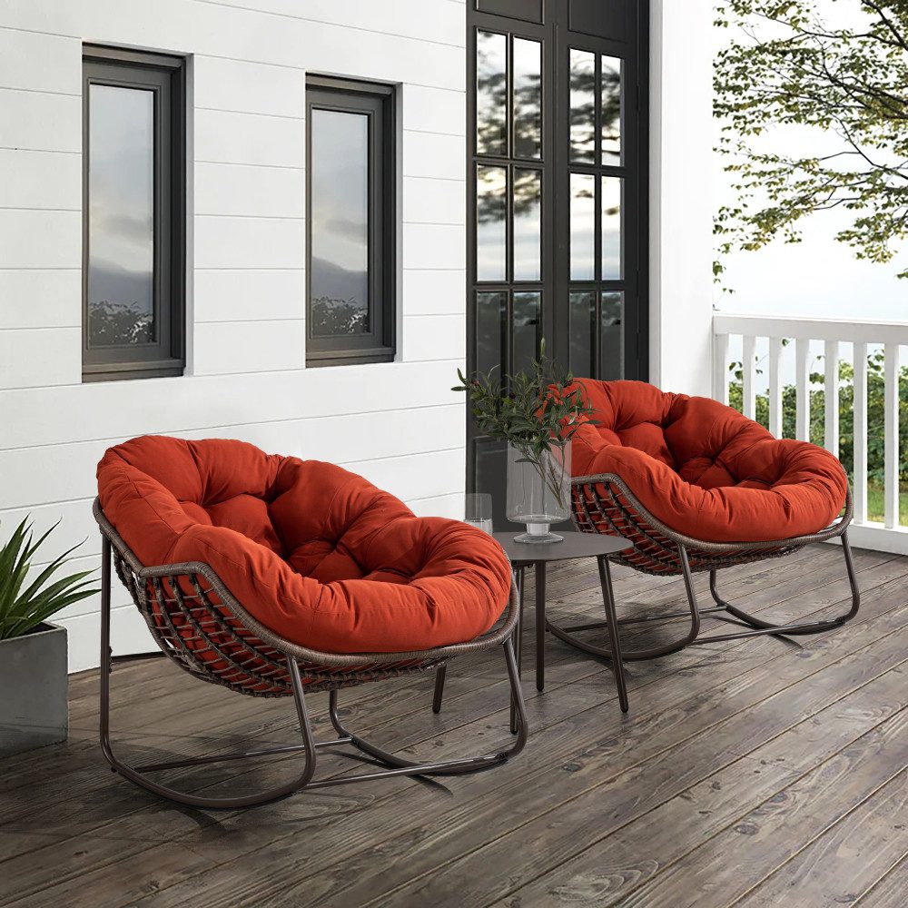 BBWL Rattanstuhl Schaukelstuhl mit Polsterkissen, wetterfester Relaxsessel, Outdoor Rattan Schaukelstuhl für Garten Terrasse Balkon