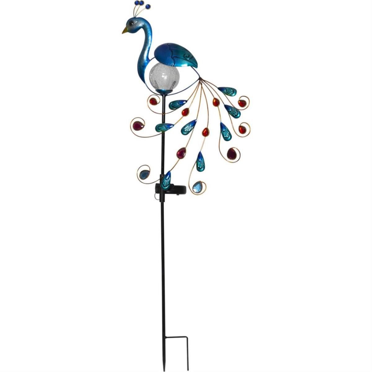 LED Dekoobjekt Gartenleuchte Solarstab Pfau warmweiße LED Glaskugel 80cm Lichtsensor