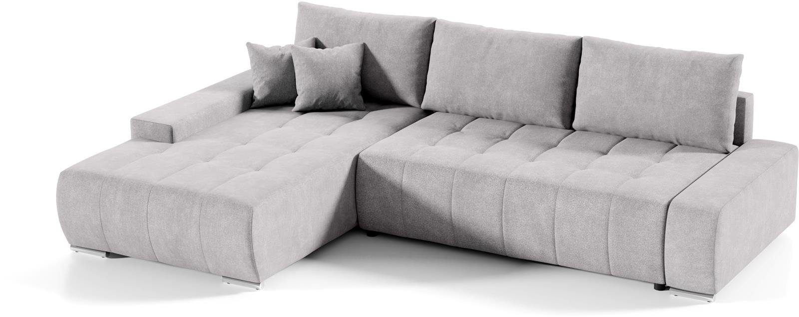 Steppung, aus mit KLARA Hellgrau Compleo Ecksofa Ecksofa Schlaffunktion, Velourstoff L-Form mit