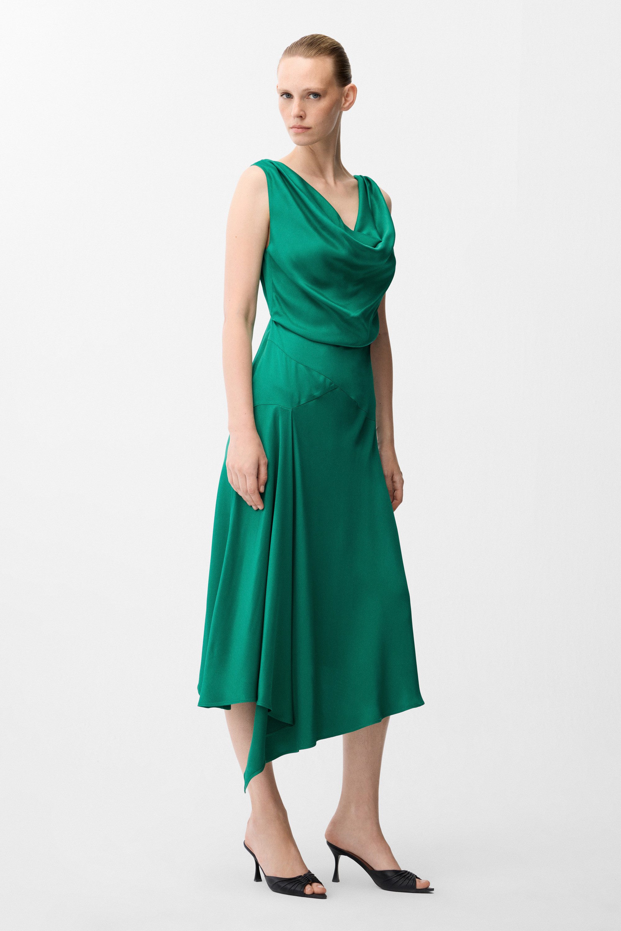 adL Cocktailkleid Ärmelloses Satin-Midikleid mit drapiertem Ausschnitt