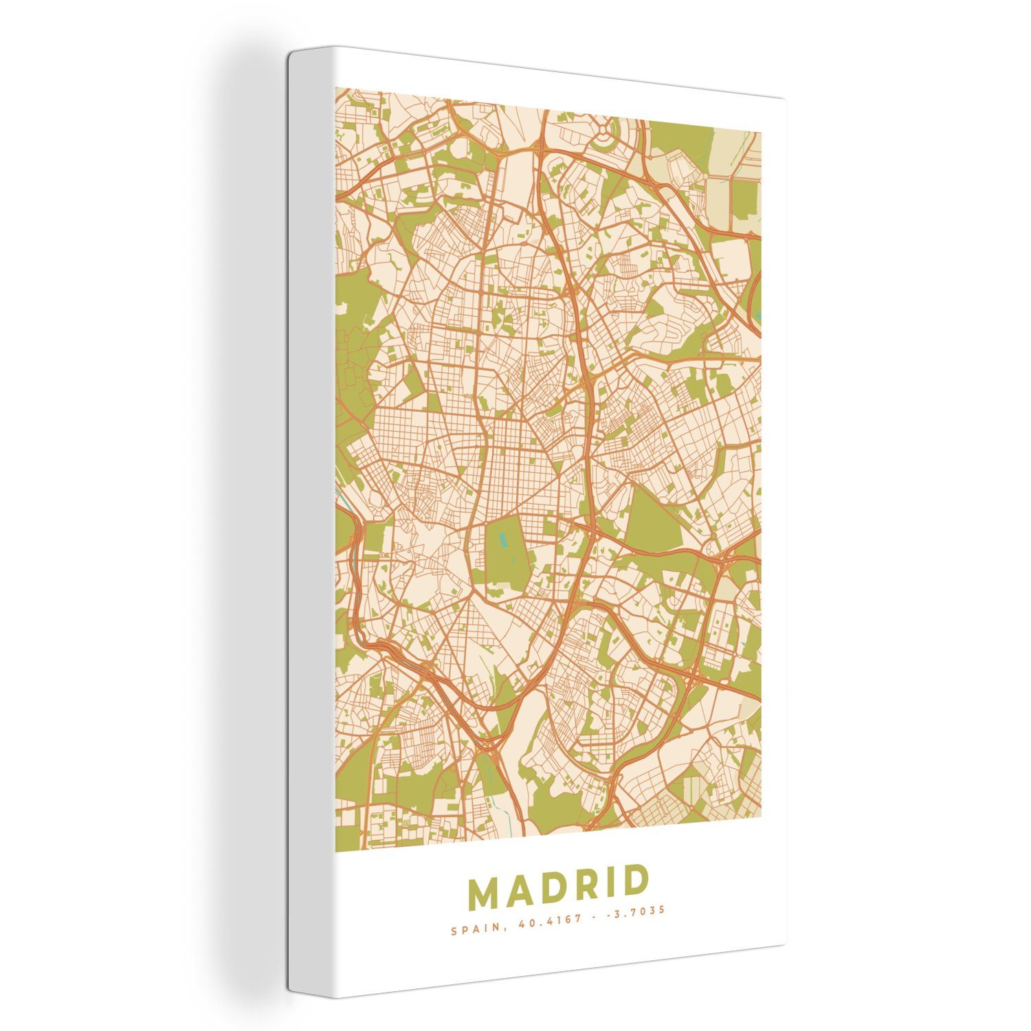 OneMillionCanvasses® Leinwandbild Madrid - Vintage - Stadtplan - Karte, (1 St), Leinwandbild fertig bespannt inkl. Zackenaufhänger, Gemälde, 20x30 cm