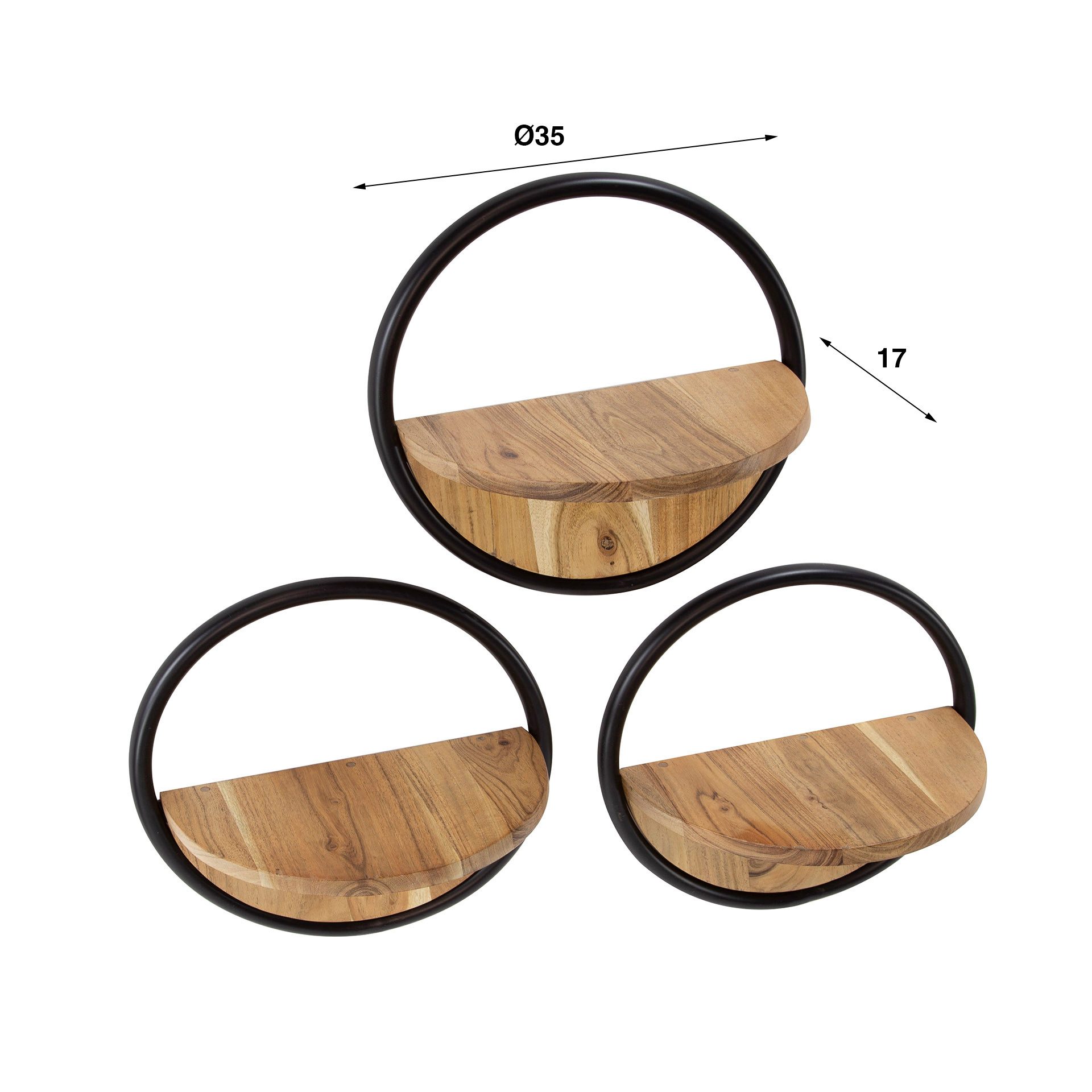 alesvelt Wandregal Set CIRCULO 3-teiliges Rundregal aus massiver Akazie mit Metallrahmen, 35x17x35cm, Akazienholz – Bild 5 von 5