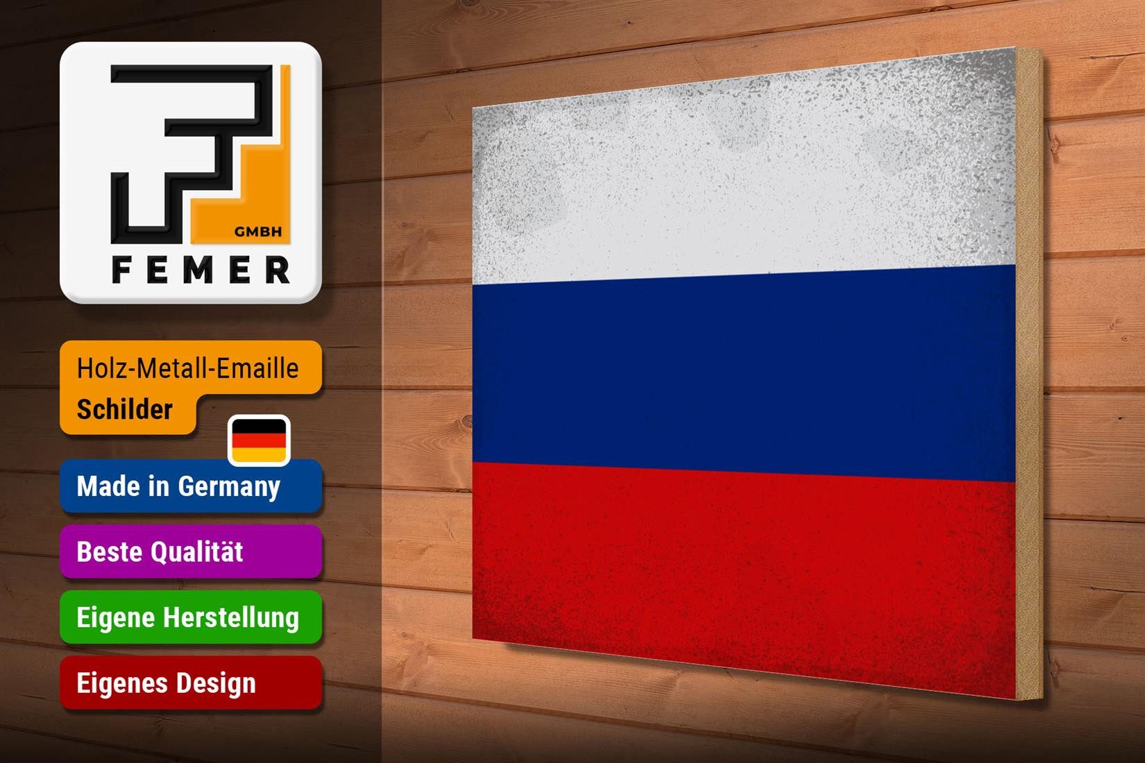 Femer GmbH Holzbild Flagge Russland 40x30cm Flag of Russia Vintage, Flaggen (1 St), Glatte Holzfaserplatte (MDF), vorn beschichtet