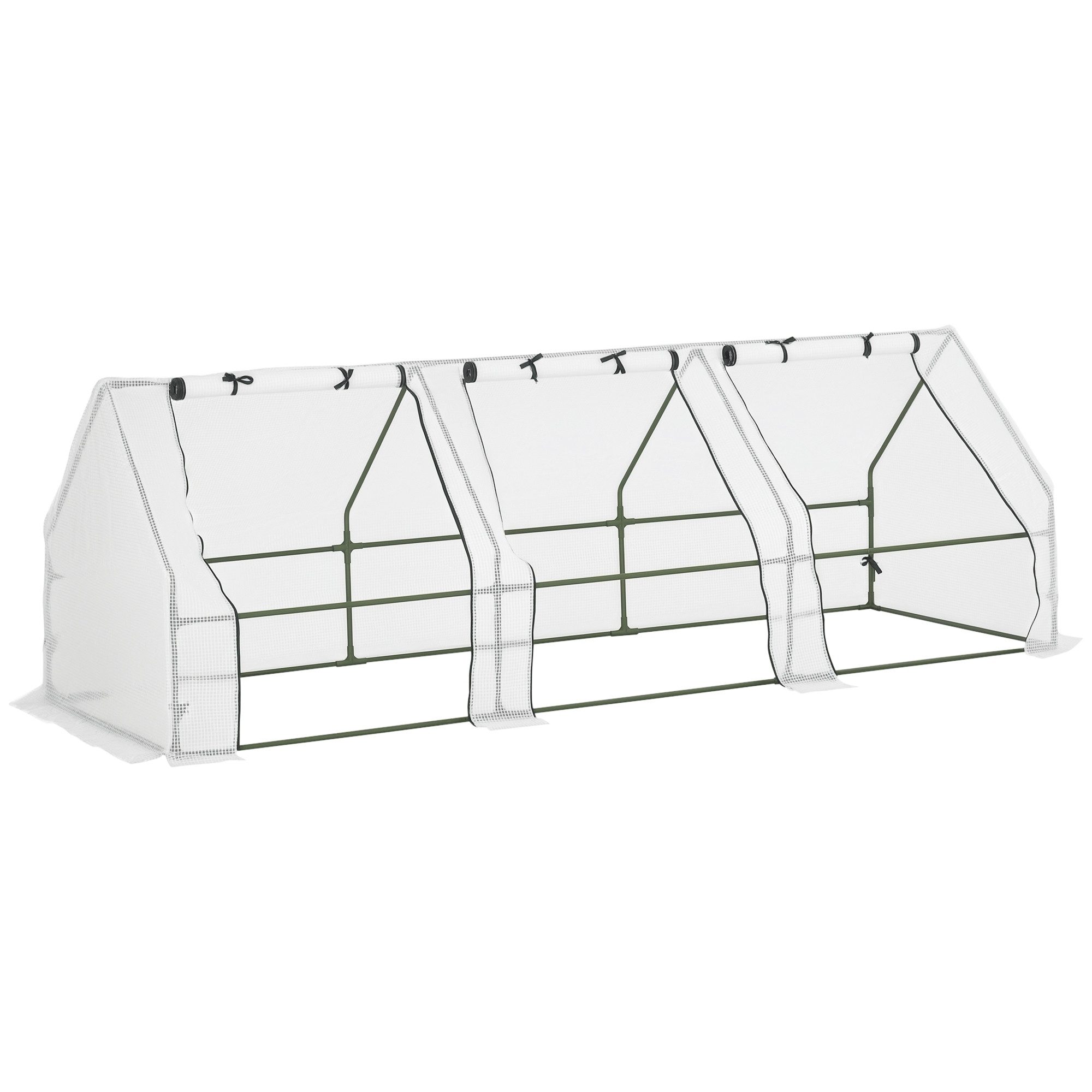 MC Star Gewächshaus Mini-Gewächshaus, Tunnelgewächshaus, 270 x 90 x 90 cm (L x B x H), Spitzdach, Stahl, hochdichtes PE (140 g/m), UV-beständig, 3 Fenster mit aufrollbaren Reißverschlüssen, Weiß