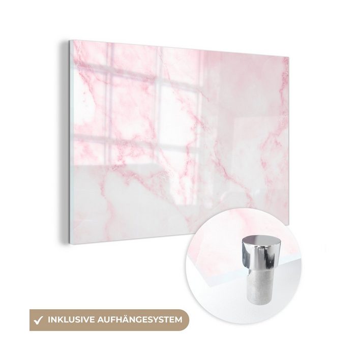MuchoWow Acrylglasbild Marmor - Weiß - Rosa - Chic - Marmoroptik (1 St) Glasbilder - Bilder auf Glas Wandbild - Foto auf Glas - Wanddekoration