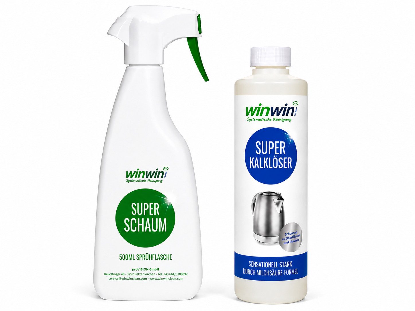 winwinCLEAN Super Kalklöser 500ml + Superschaumflasche 500ml Entkalker (Set, [- 1x Super Kalklöser 500ml, 1x Superschaumflasche 500ml Kalkentferner, Kalkreiniger, Entkalkungsreiniger, Anti-Kalk-Putzmittel)