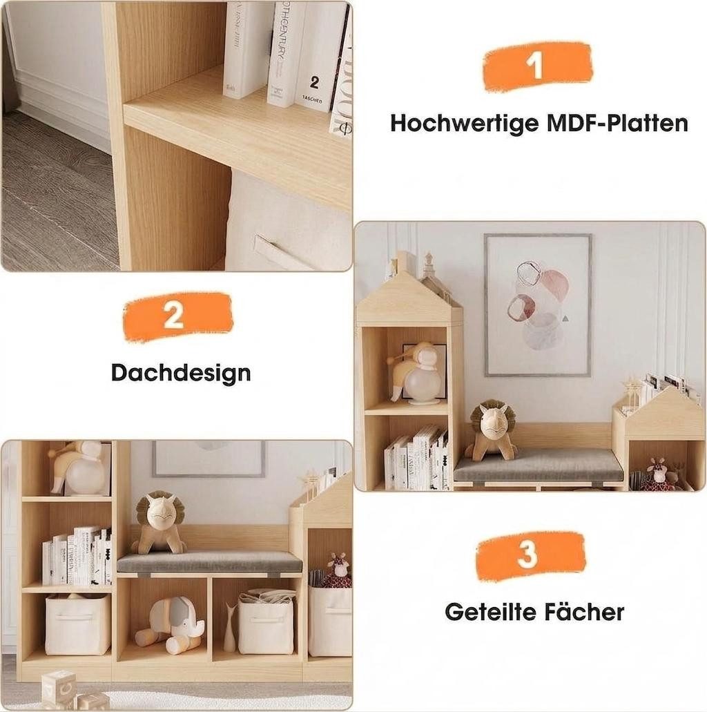 GarveeMore Kinderregal mit 6 Fächern und Sitzkissen,Burgdesign Spielzeugtruhe,121x30x107cm, Bücherregal Kinder,Standregal Spielzeug für Kinderzimmer,Schlafzimmer