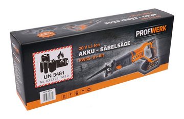 Profiwerk Akku-Säbelsäge PWSS-01-Kit 20V, Schnittleistung 115/10mm, 4Ah Akku, Netzteil
