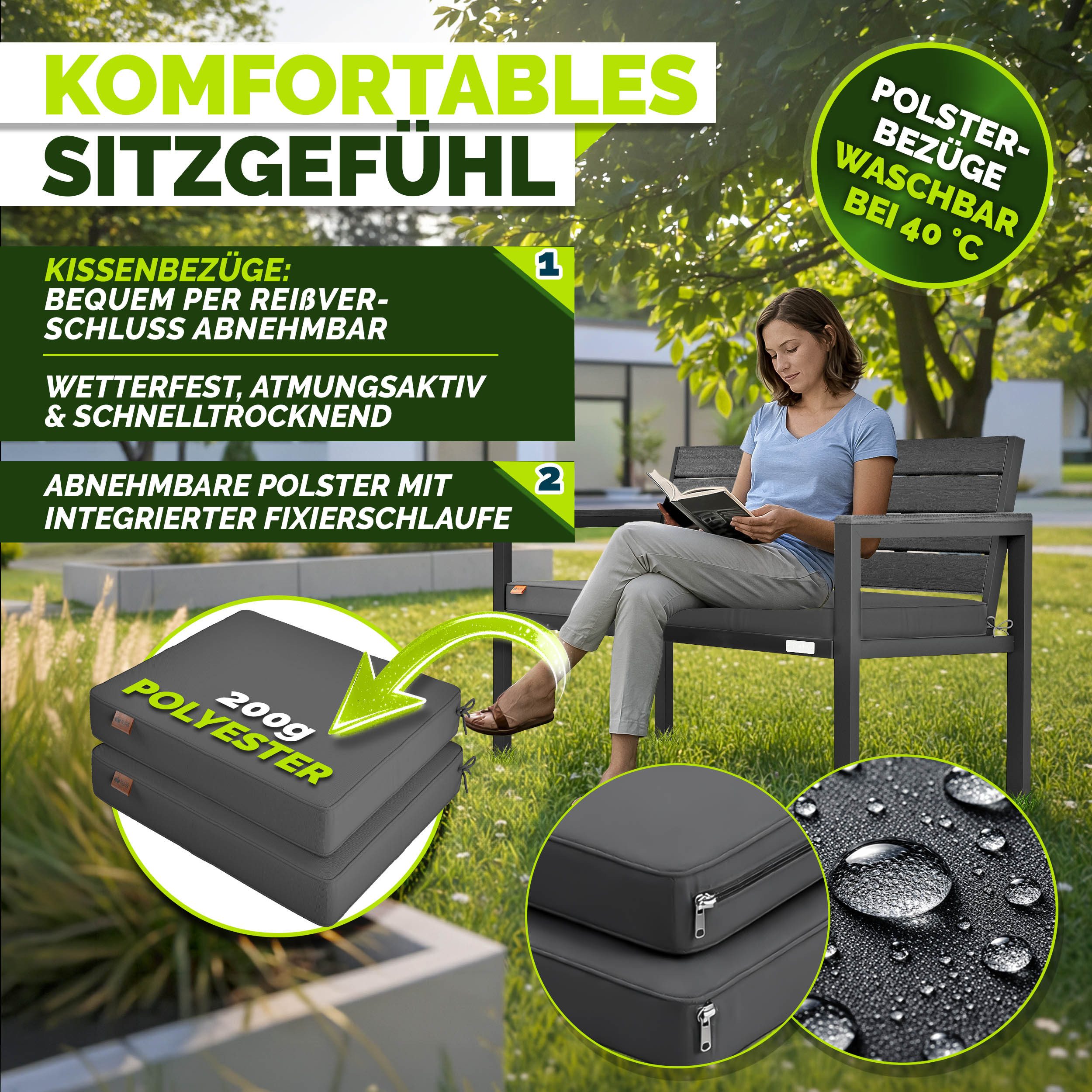 tillvex Gartenbank tillvex® Gartenbank mit Abdeckung & Kissen in Holzoptik bis 300kg (Garten Terrasse Balkon mit waschbarem Bezug, Parkbank in Holzoptik belastbar UV-beständig Sitzbank), Wetterfest 2-3 Sitzer mit Abdeckung & Kissen bis 300 kg