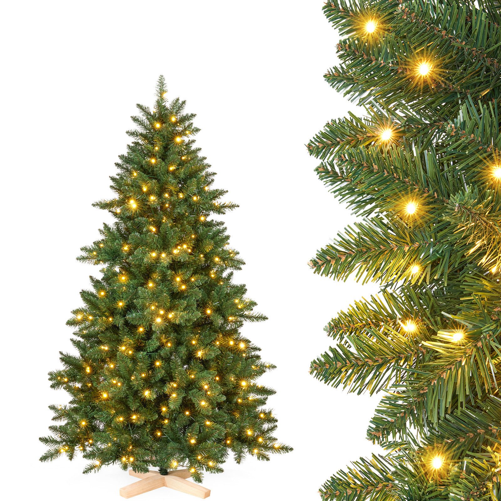 Yorbay Künstlicher Weihnachtsbaum mit LED-Beleuchtung 150/180/210 cm, Echtholz Baumständer