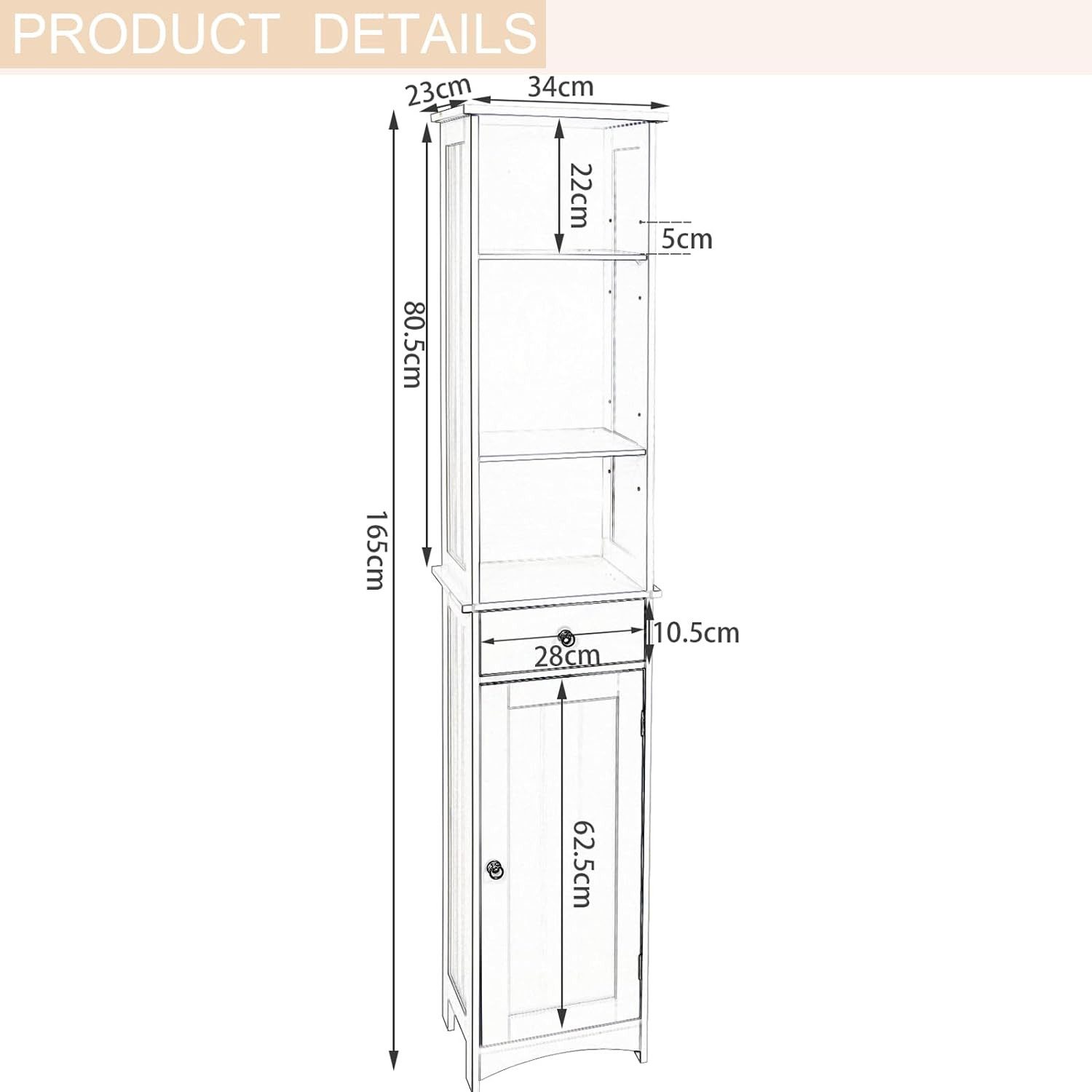 EUGAD Hochschrank (1-St) Badschrank, mit Schublade, Holz, weiß, 34x23x165cm