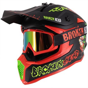 Broken Head Motocrosshelm Freakzone Schwarz-Grün-Rot (mit Crossbrille MX-2), Mit verrücktem Clown-Motiv