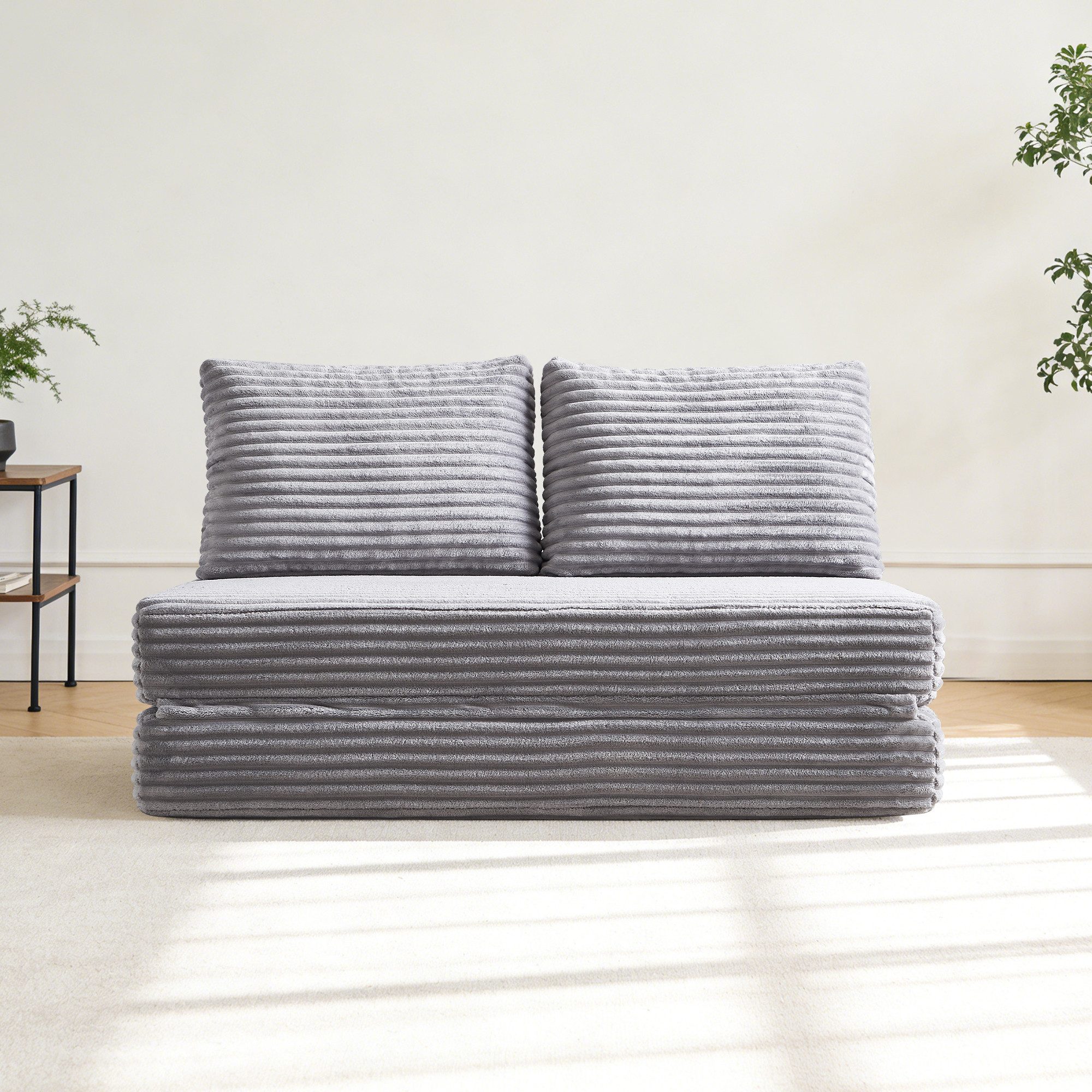 MODFU Schlafsofa Sofort nutzbar als Couch oder Gästeliege, Helles graues Sofabett aus Satin, kein Gestell nötig 1 Teile, Perfekt für kleine Wohnungen, Schlaf- und Arbeitszimmer