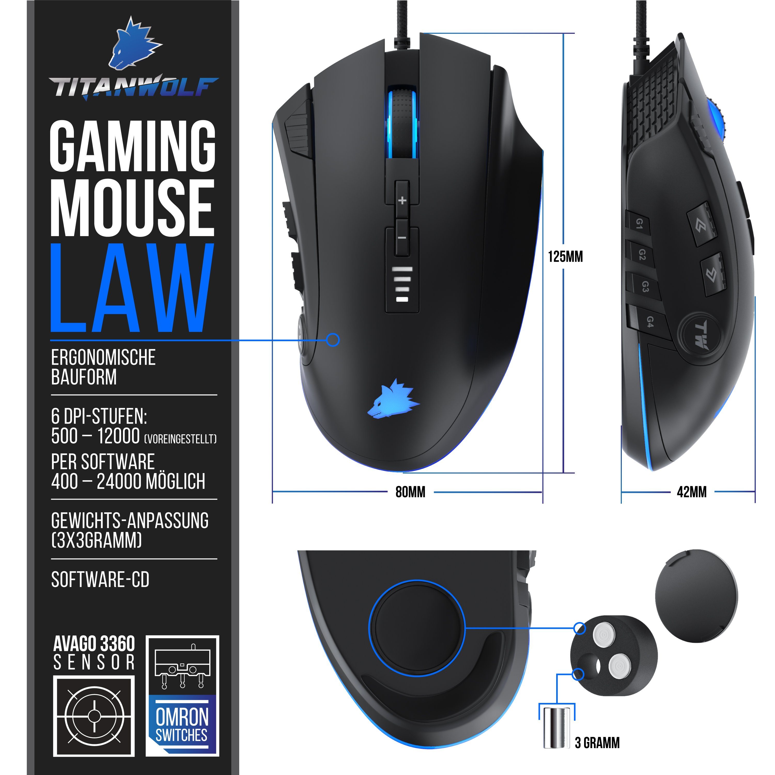 Titanwolf mit 24000 DPI & Gewichtstuning, 12 programmierbare Tasten, RGB Mäuse (kabelgebunden, 500 dpi, USB-Kabelgebunde Mouse, Sensor Avago 3360, Polling-Rate bis 1000 Hz)