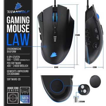 Titanwolf Gaming-Maus (kabelgebunden, 500 dpi, Gaming Mouse mit 24000 dpi & Gewichtstuning, 12 Tasten. Avago Sensor)