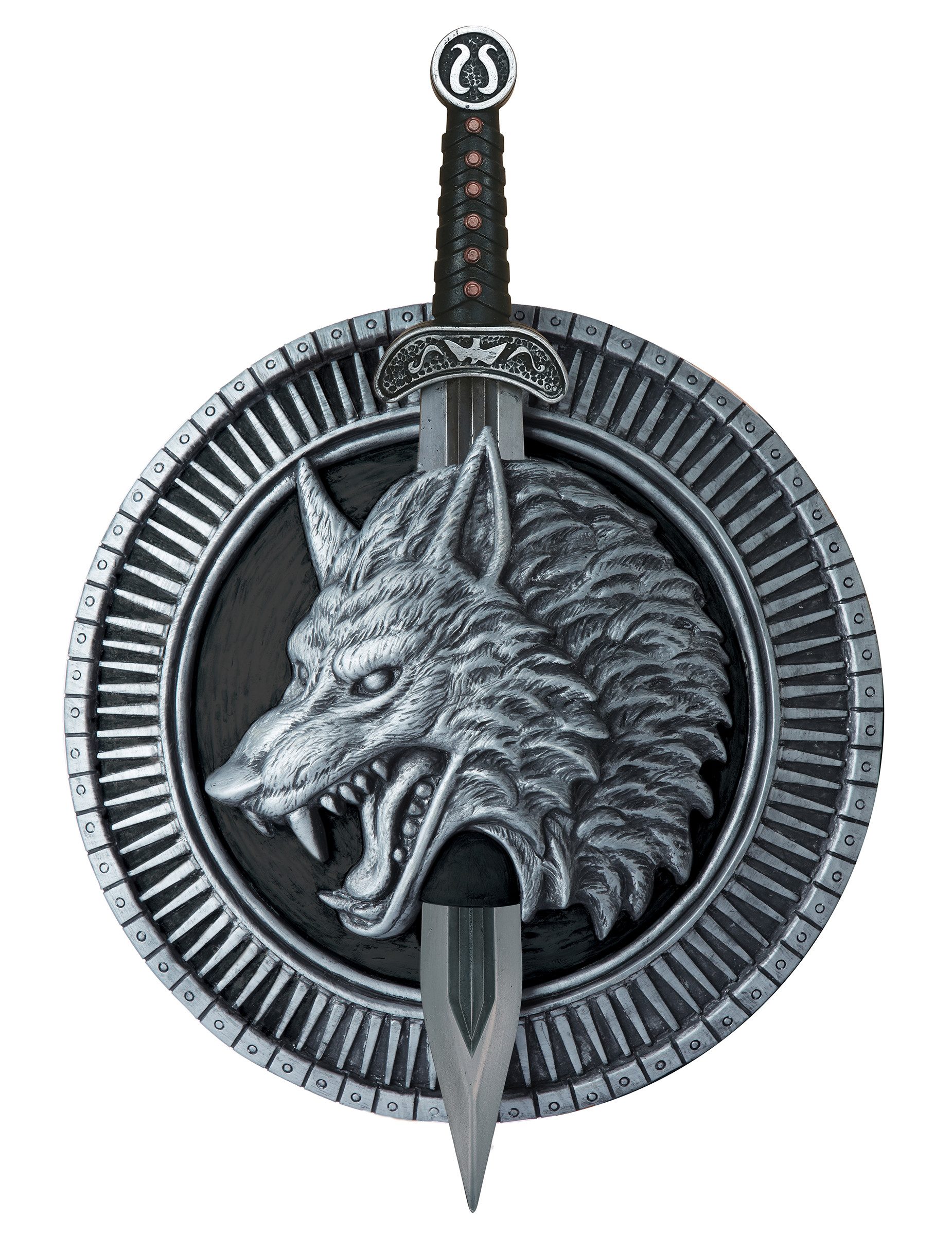 Kostüm Krieger Schwert und Schild Wolf Ritter silber-schwarz