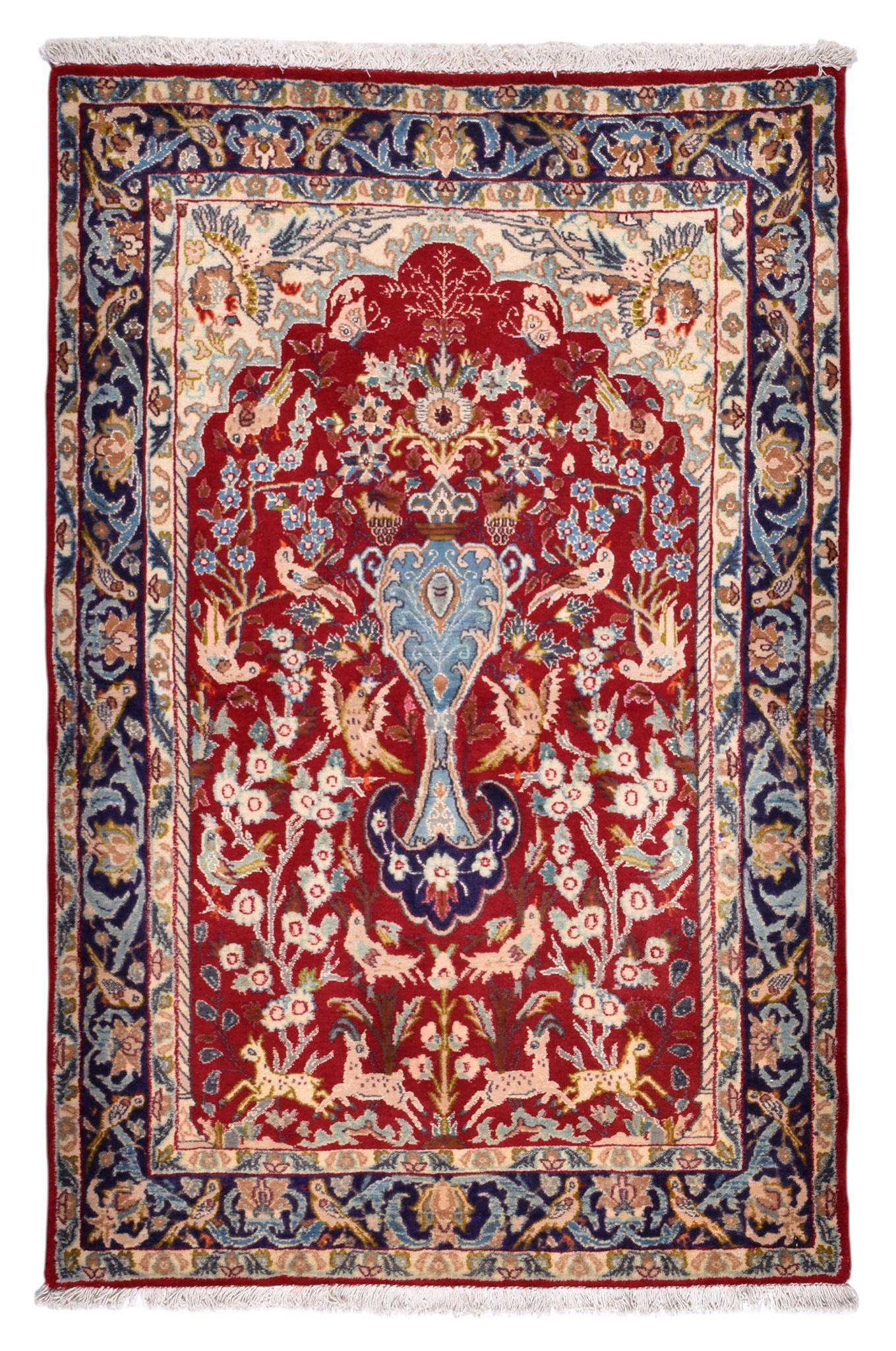 CABBEL Orientteppich Perserteppich Isfahan 131x87 cm handgeknüpft Dunkelrot Blau Brücke, rechteckig, Höhe: 10 mm, Handgeknüpft, Wolle auf Baumwollkette, Bildmotiv mit Tieren