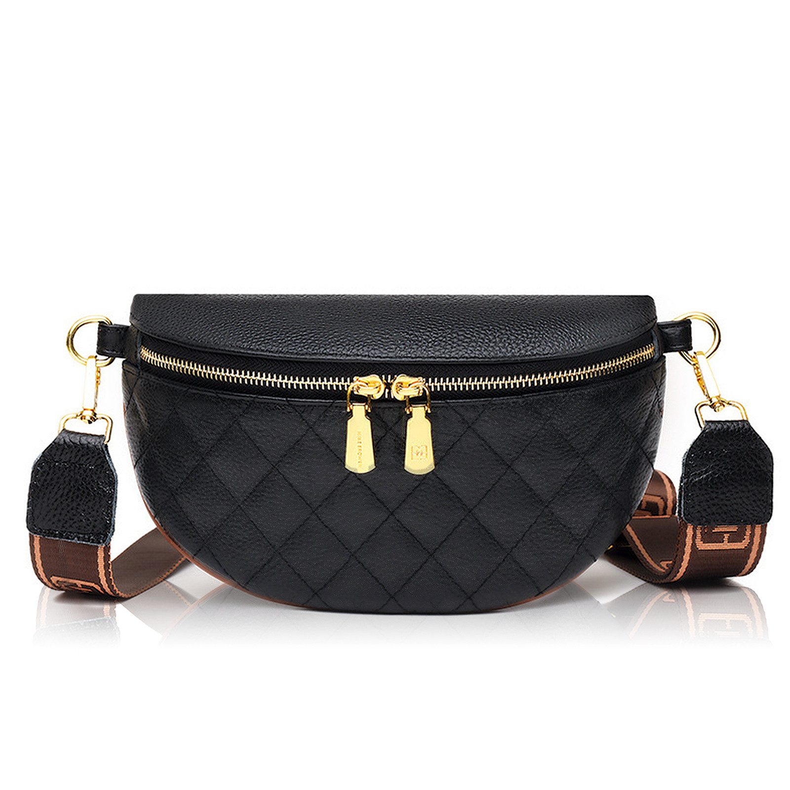 Bauchtasche Damen Umhängetasche mit breitem Gurt & goldenen Metallteilen