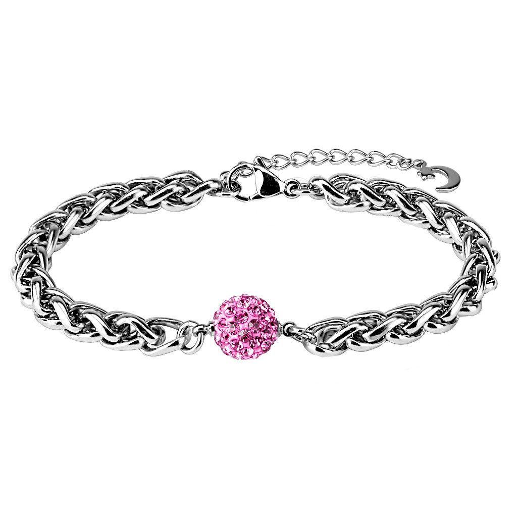 Armband Damen Edelstahl Armband geflochten mit Kristall Kugel Pink