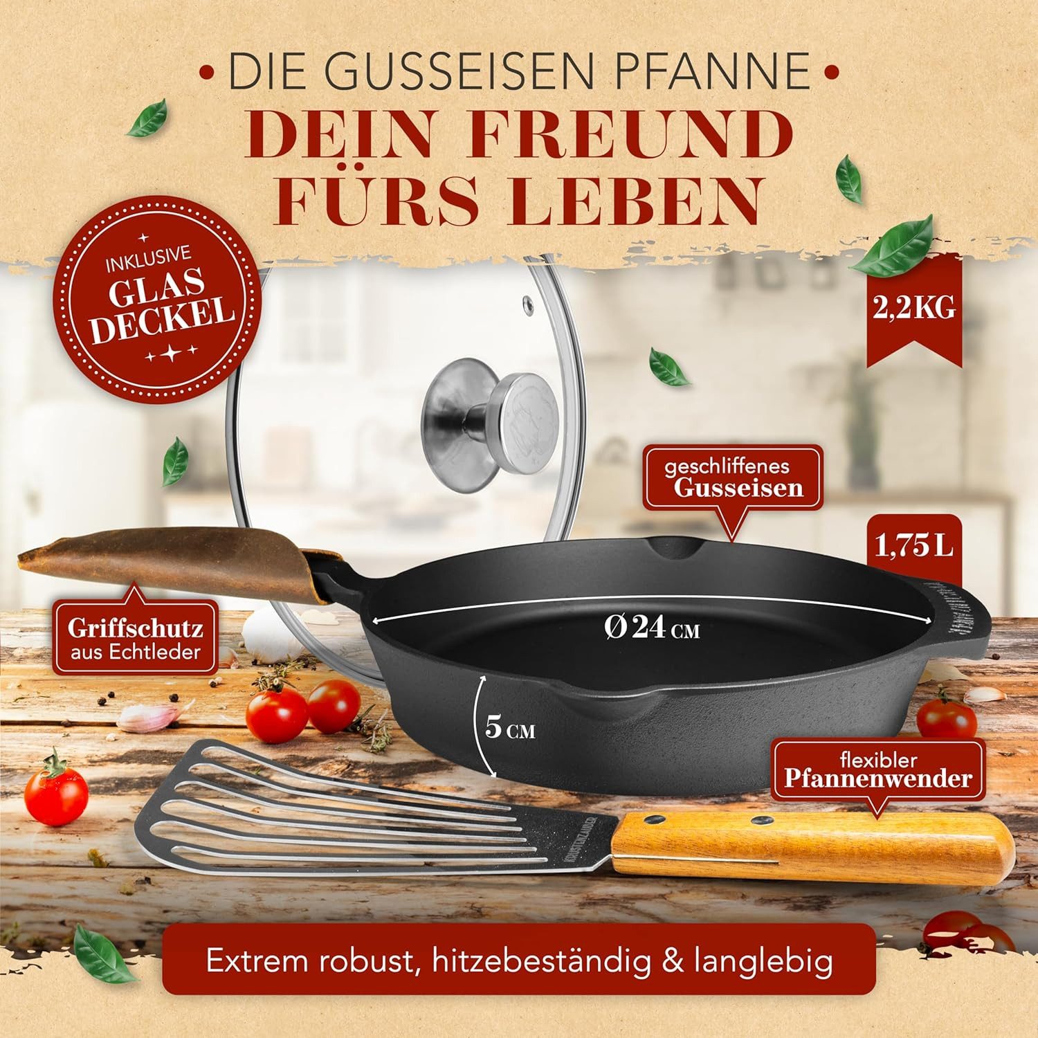 Krustenzauber Bratpfanne Gusseisenpfanne Induktion - Fein Geschliffene Gusseisen Pfanne, (Ideale Grillpfanne Induktion, Eisenpfanne, Cast Iron Pan, Bratpfanne, Gusseiserne Pfanne Skillet Gusspfann)