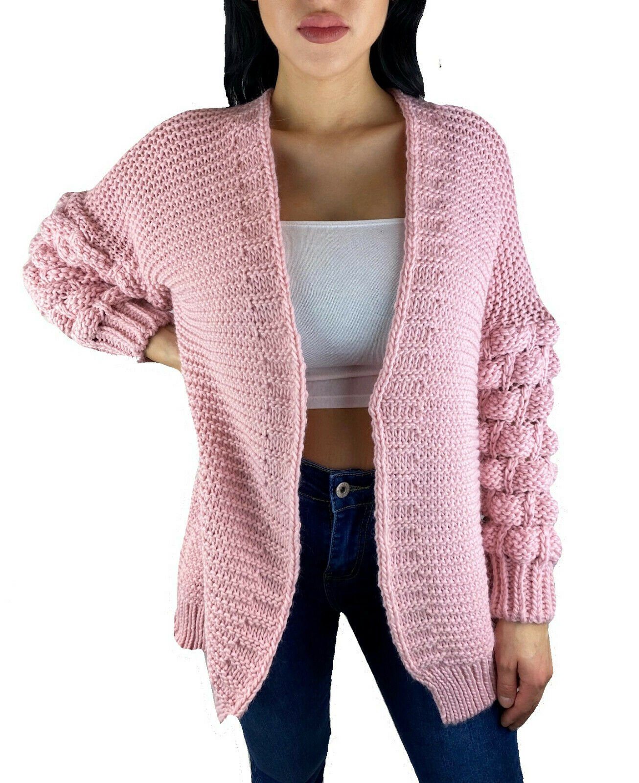 Worldclassca Longstrickjacke Worldclassca Damen Strickjacke mit Bommel Ärmel lang Cardigan Strickmantel Strick Winter Pullover Pulli Blogger Neu