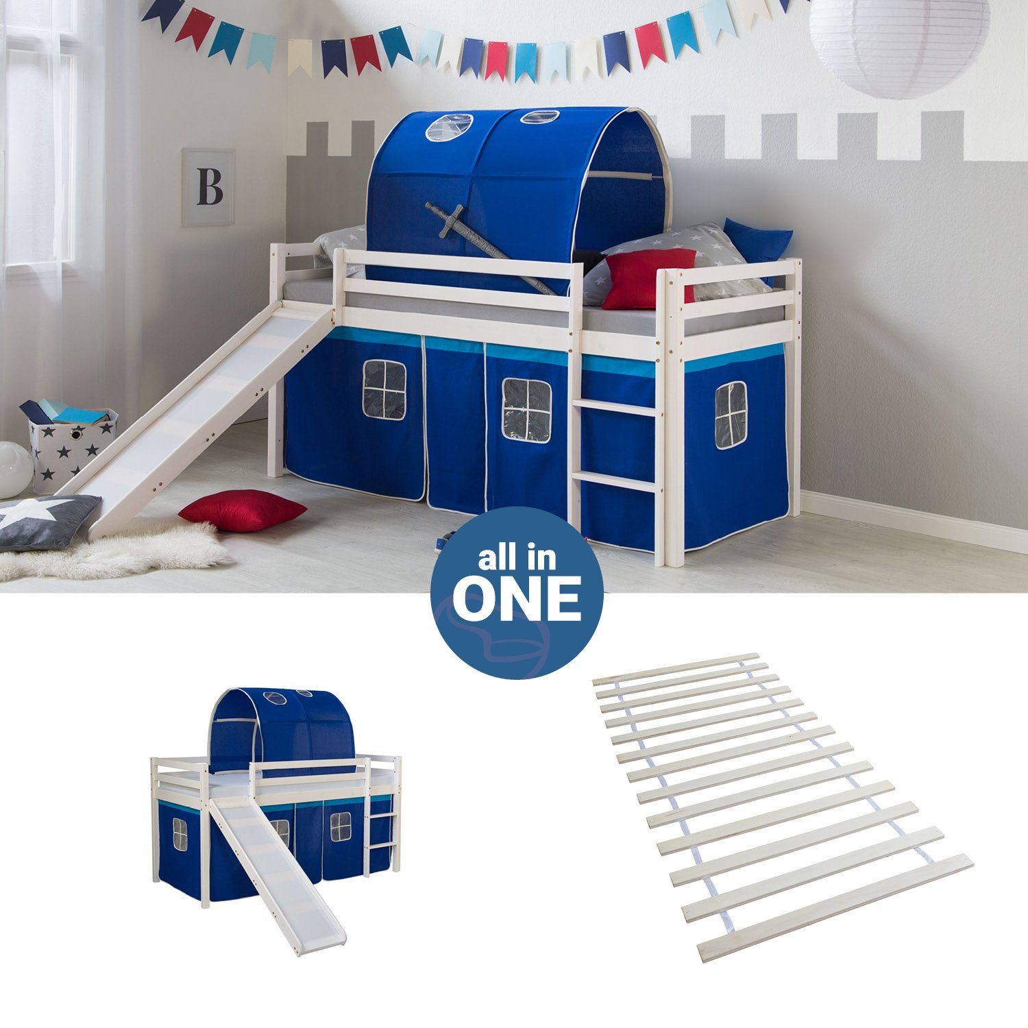 Homestyle4u Hochbett 90x200 mit Vorhang Lattenrost Matratze Rutsche Tunnel günstig online kaufen
