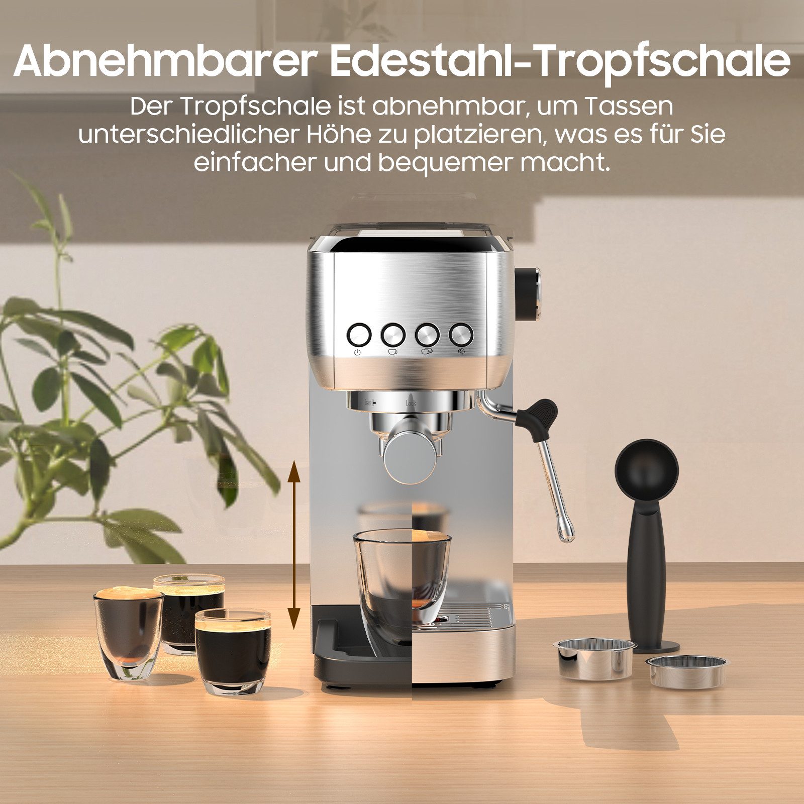 AIMAX Espressomaschine mit 20 Bar italienischer Pumpe – Professionelles Edelstahl-Design, Klassische Tastensteuerung, Milchaufschäumer, Kaffeekanne, Edelstahlfilter 51mm, 1350 W für Heim-Baristas – 1,3L Wassertank für Latte & Cappuccino