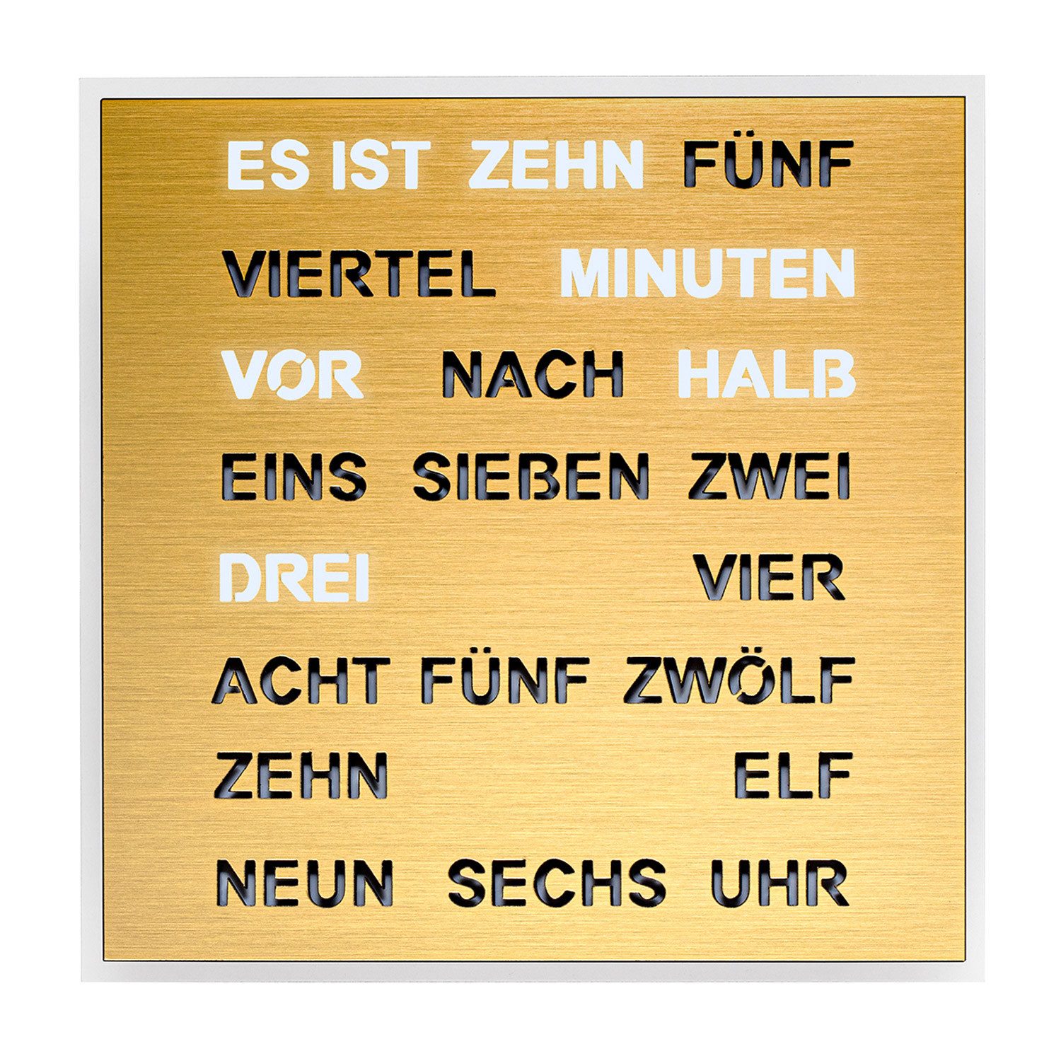 Tischuhr Wort- Quadratische Wortuhr Goldfarben 20 cm