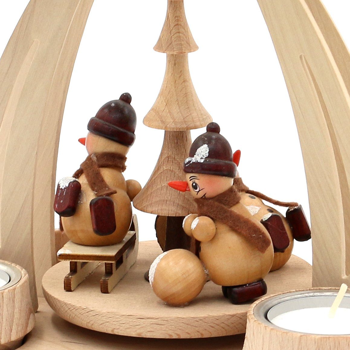 Dekohelden24 Weihnachtspyramide Pyramide aus Buchenholz mit Schneemannfiguren, ca. 24 cm