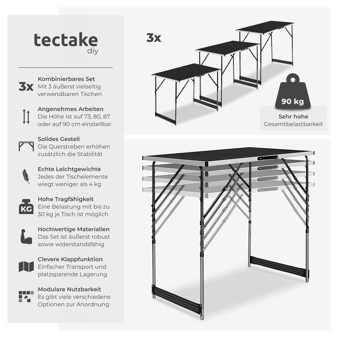 tectake Tapeziertisch 3er Set Tapeziertisch (3-St., 3 tlg), 3-teiliges Tape günstig online kaufen