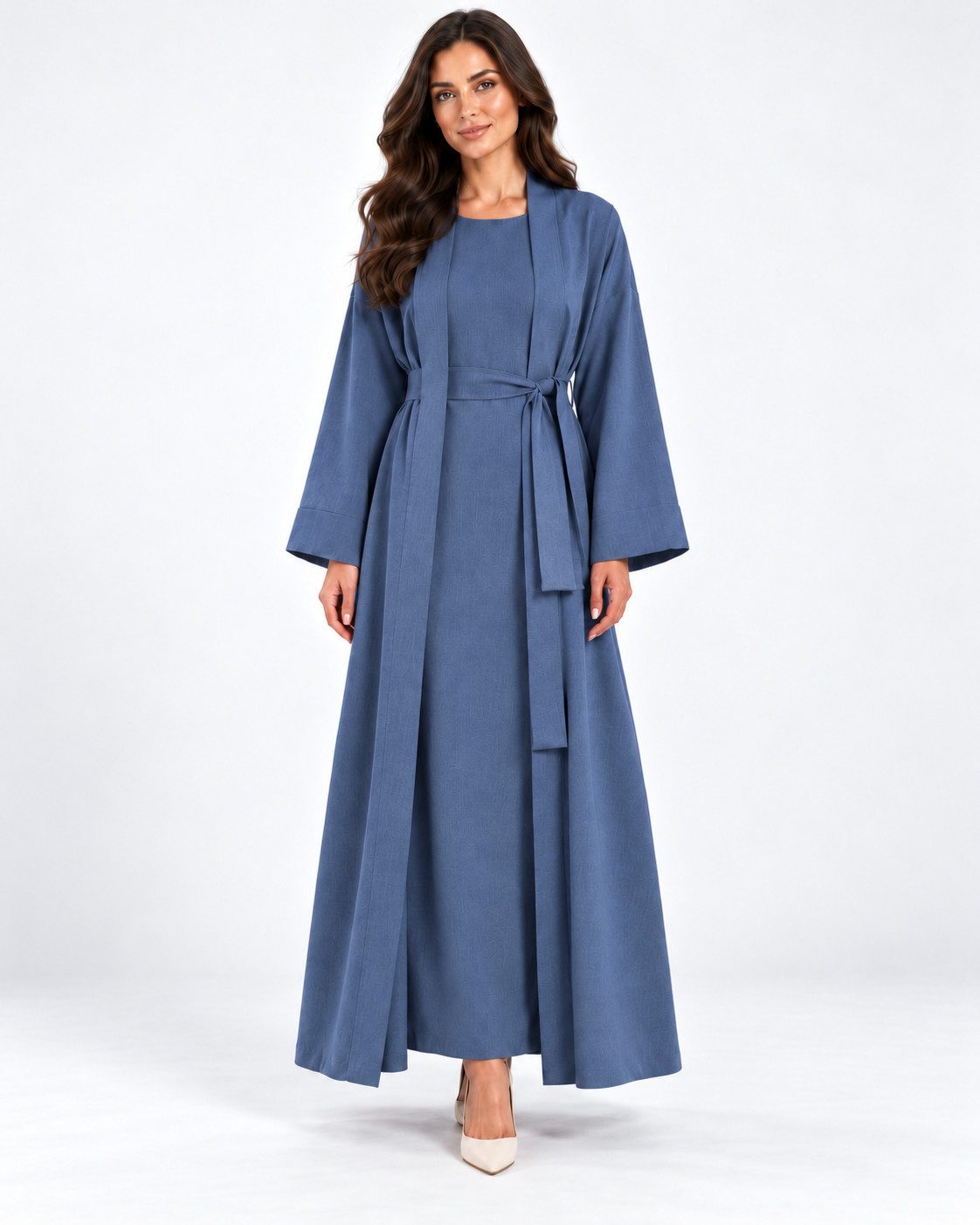 fashionshowcase 2-in-1-Kleid Damen Maxikleid mit Kimono und Bindegürtel Modest Fashion (Kleid mit Kimono, 2-tlg., 2-teiliges Set) Elegantes 2-teiliges Outfit mit fließendem Schnitt und weitem Ärmel