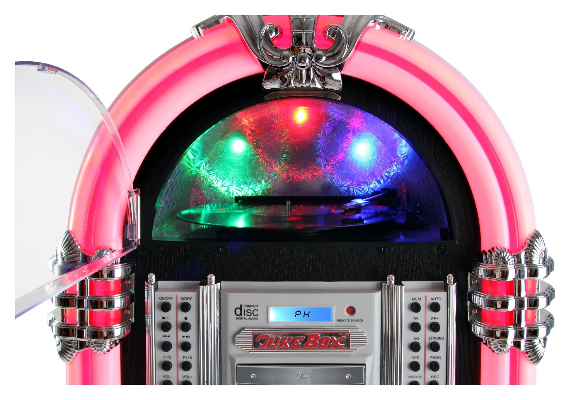 GoldenAge Beatfoxx 60 Musikbox USB-SD, mit inkl. CD-Player, (UKW/MW-Radio, W, Untergestell Retro AUX) Jukebox mit Plattenspieler Stereoanlage XXL LED-Beleuchtung, Bluetooth,
